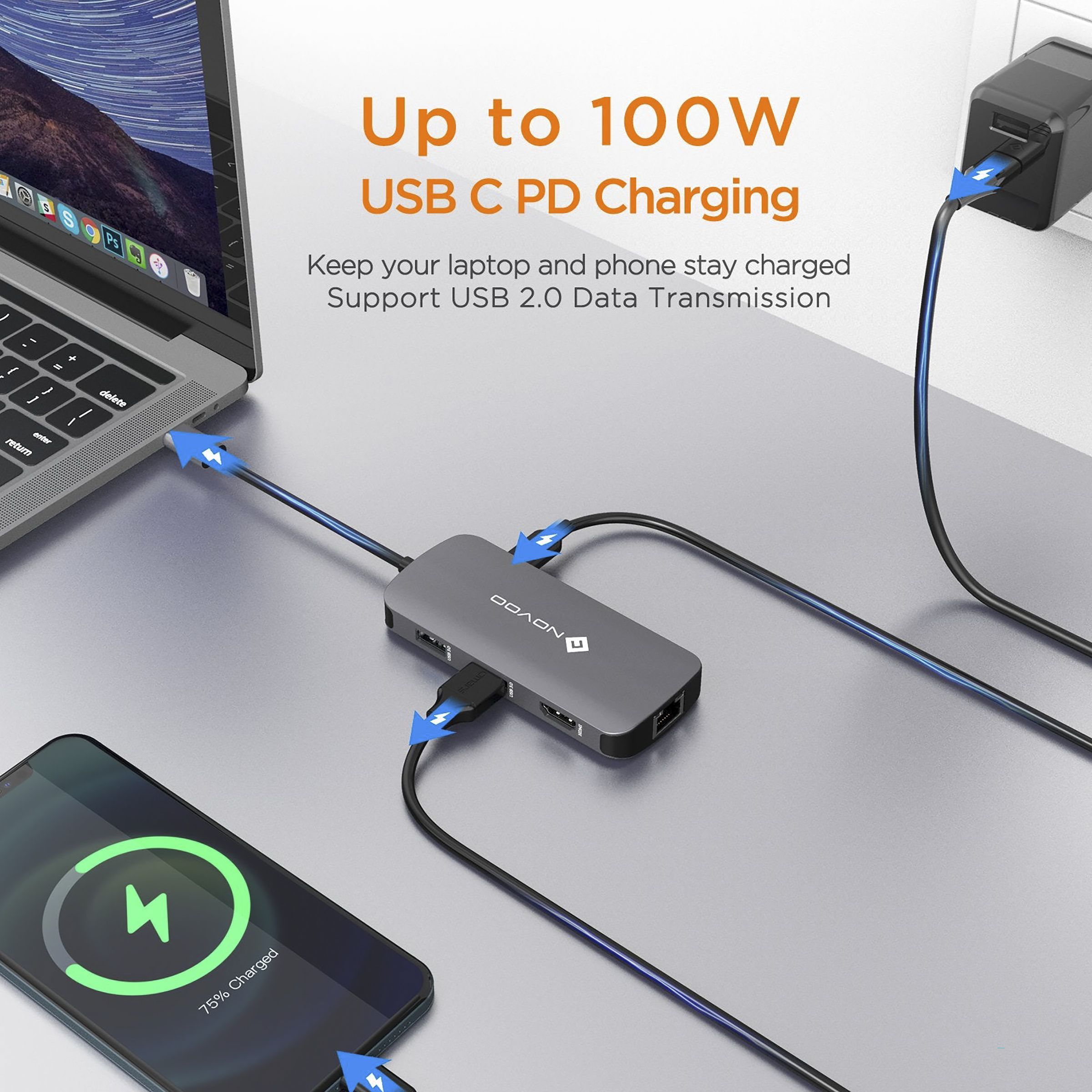 NOVOO 7-in-1 USB 3.0 Type C to USB 2.0 Type C, USB 2.0 Type A, USB 3.0 Type A, HDMI, LAN Port USB Hub (Pass-Through Charging, Dark Grey)_5
