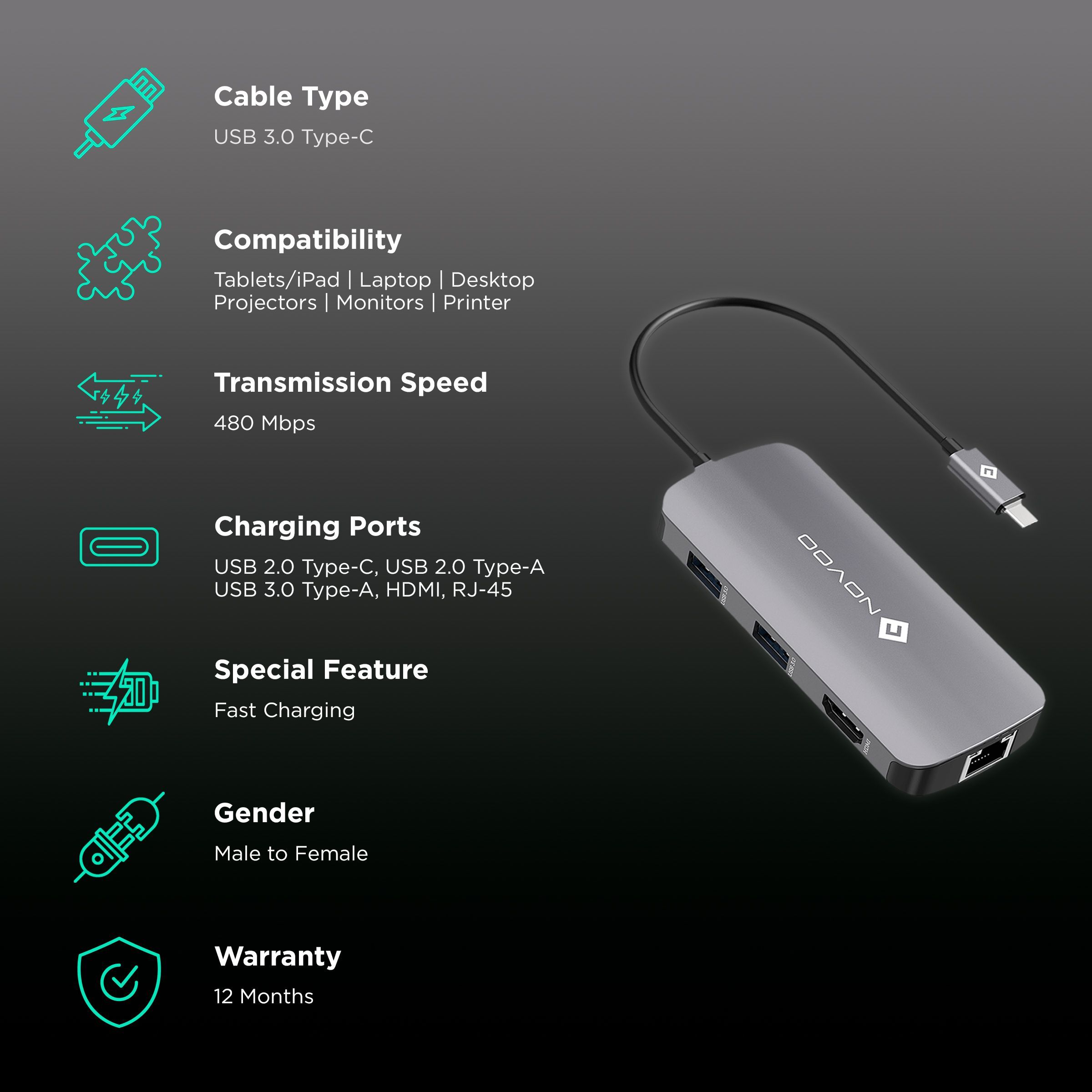 NOVOO 7-in-1 USB 3.0 Type C to USB 2.0 Type C, USB 2.0 Type A, USB 3.0 Type A, HDMI, LAN Port USB Hub (Pass-Through Charging, Dark Grey)_2