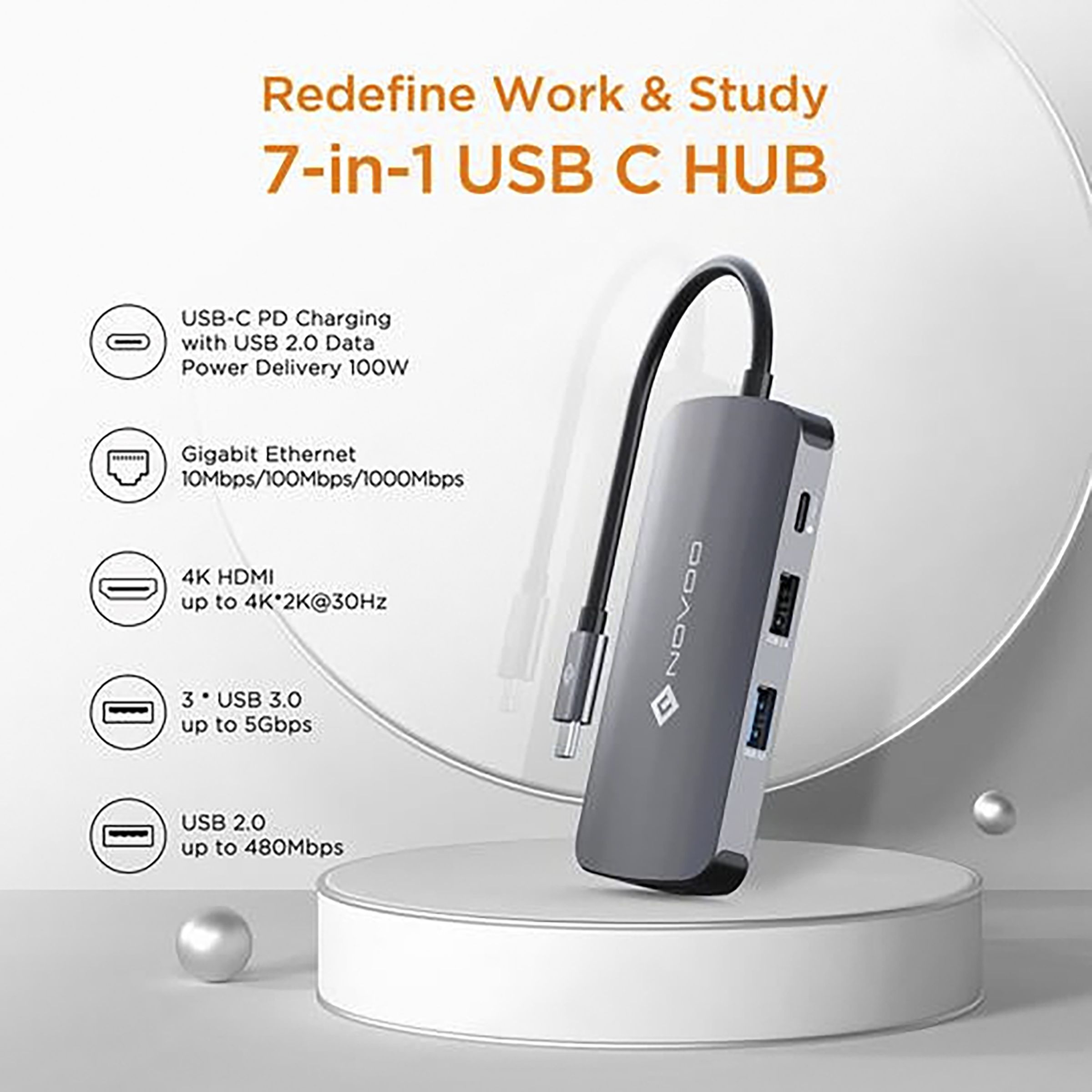 NOVOO 7-in-1 USB 3.0 Type C to USB 2.0 Type C, USB 2.0 Type A, USB 3.0 Type A, HDMI, LAN Port USB Hub (Pass-Through Charging, Dark Grey)_4