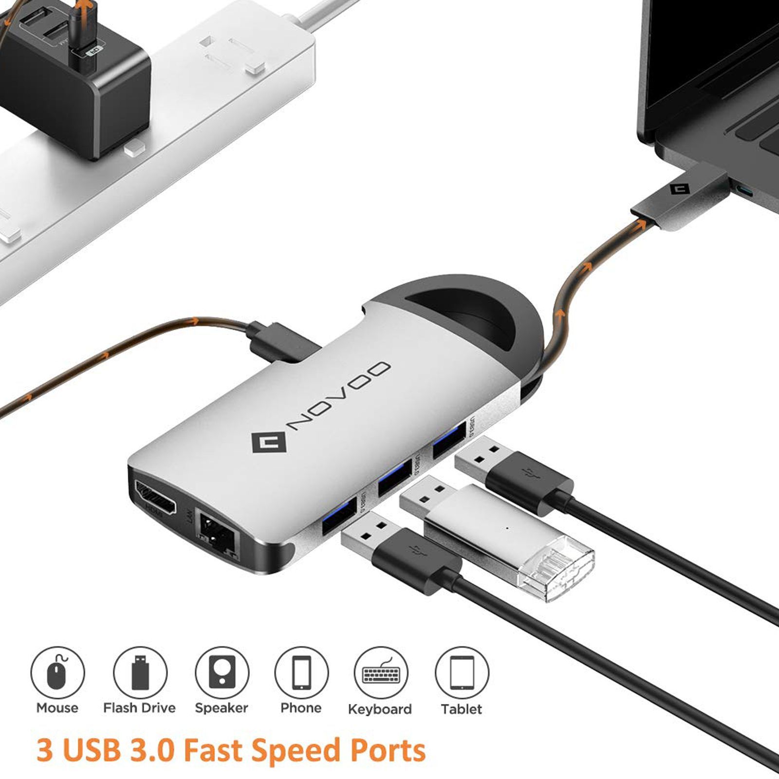 NOVOO 8-in-1 USB 3.0 Type C to USB 3.0 Type A, HDMI, LAN Port, USB Type C, SD Card Slot, TF Card Multi-Port Hub (Safe Certified, Space Grey)_8