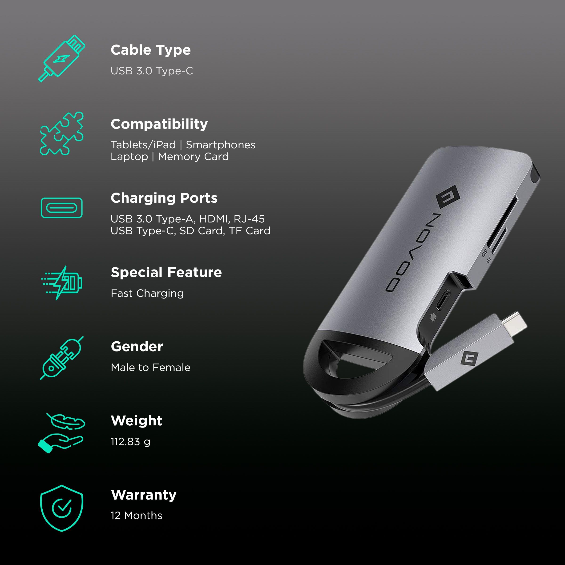 NOVOO 8-in-1 USB 3.0 Type C to USB 3.0 Type A, HDMI, LAN Port, USB Type C, SD Card Slot, TF Card Multi-Port Hub (Safe Certified, Space Grey)_2