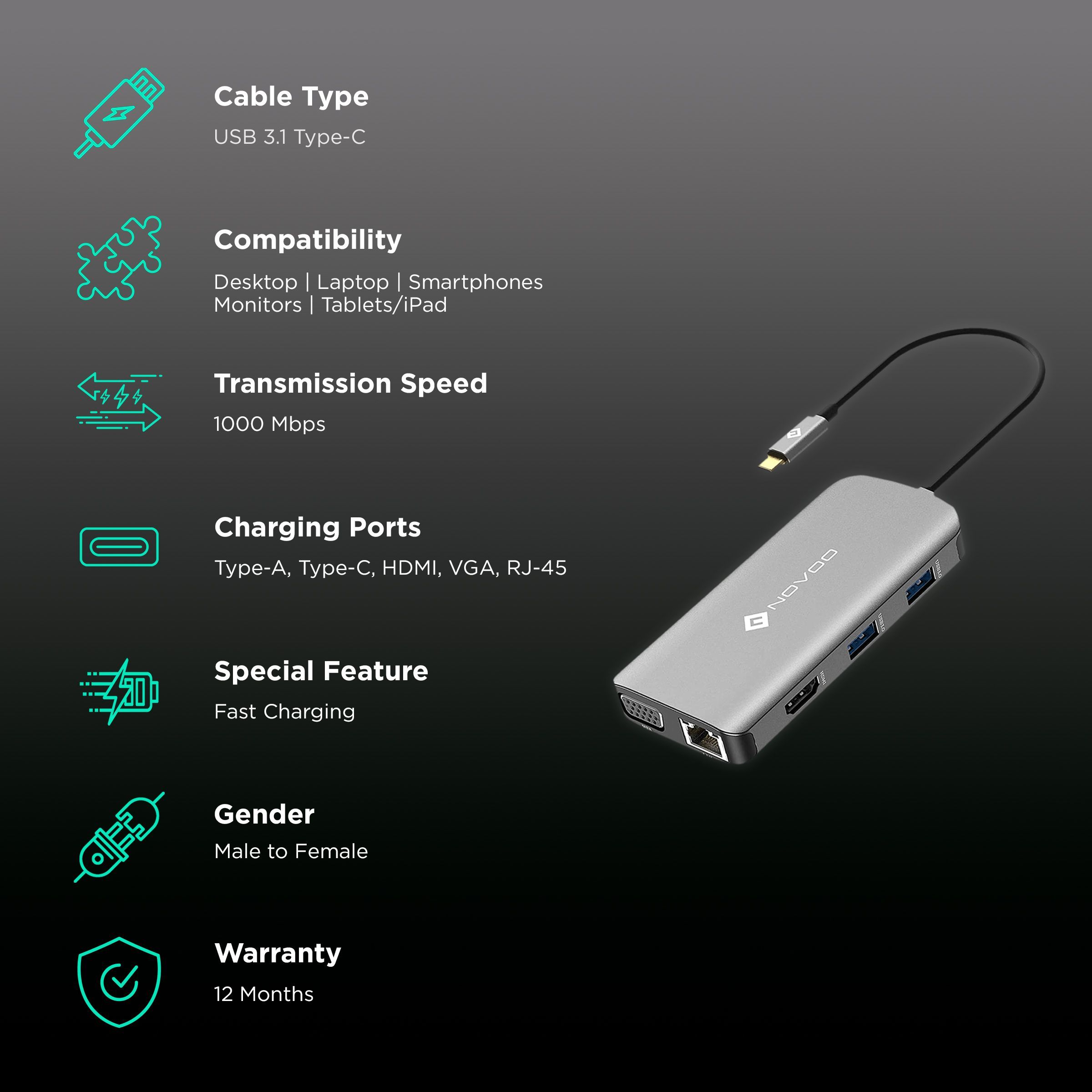 NOVOO 9-in-1 USB 3.1 Type C to USB 3.0 Type A, USB 3.0 Type C, HDMI, VGA Port, LAN Port, SD Card Slot, TF Card USB Hub (Pass-Through Charging, Dark Grey)_2