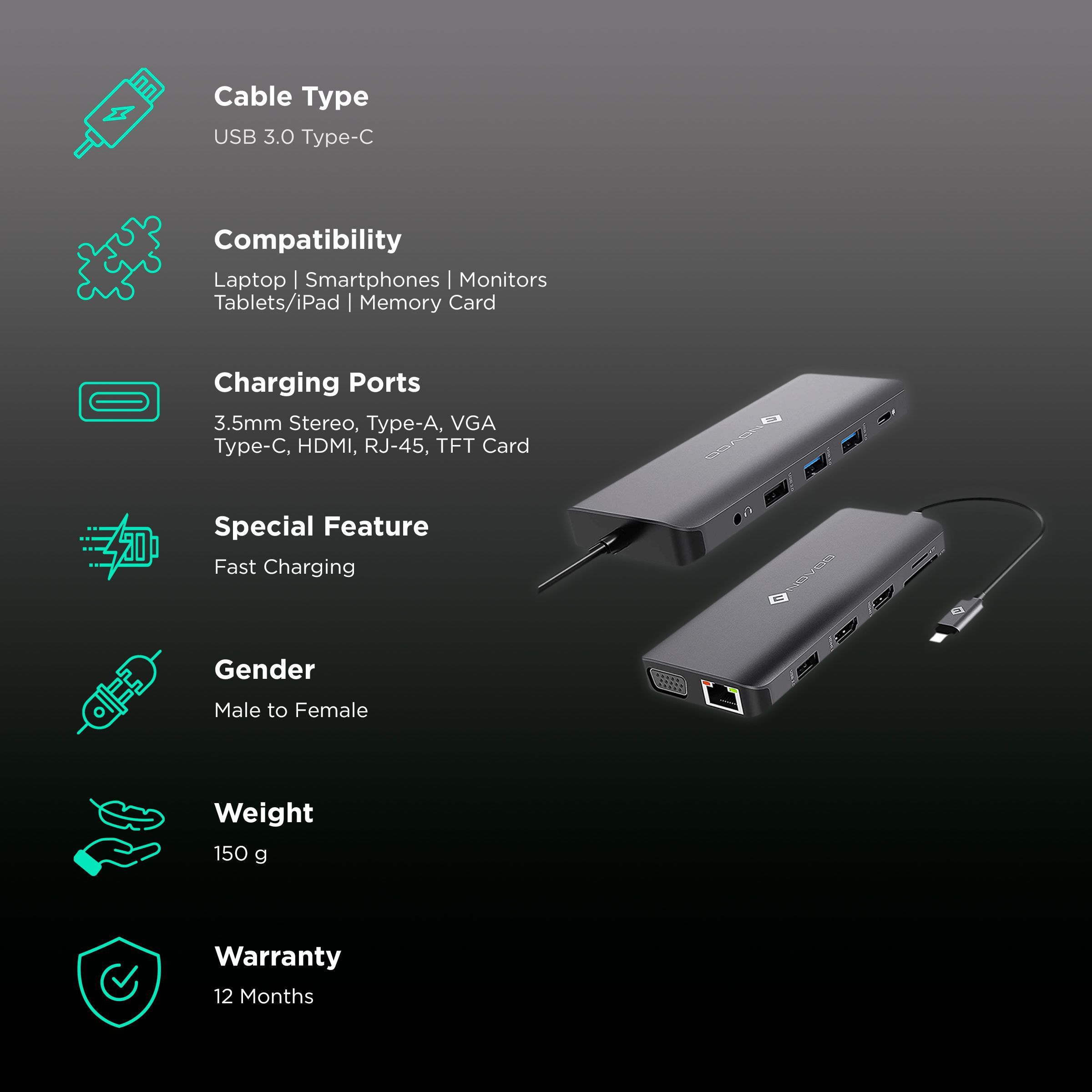 NOVOO 12-in-1 USB 3.0 Type C to USB 2.0 Type A, USB 3.0 Type A, USB Type C, SD Card Slot, HDMI, LAN Port, VGA Port, TF Card, 3.5mm Stereo USB Hub (Triple Display Monitor, Dark Grey)_2