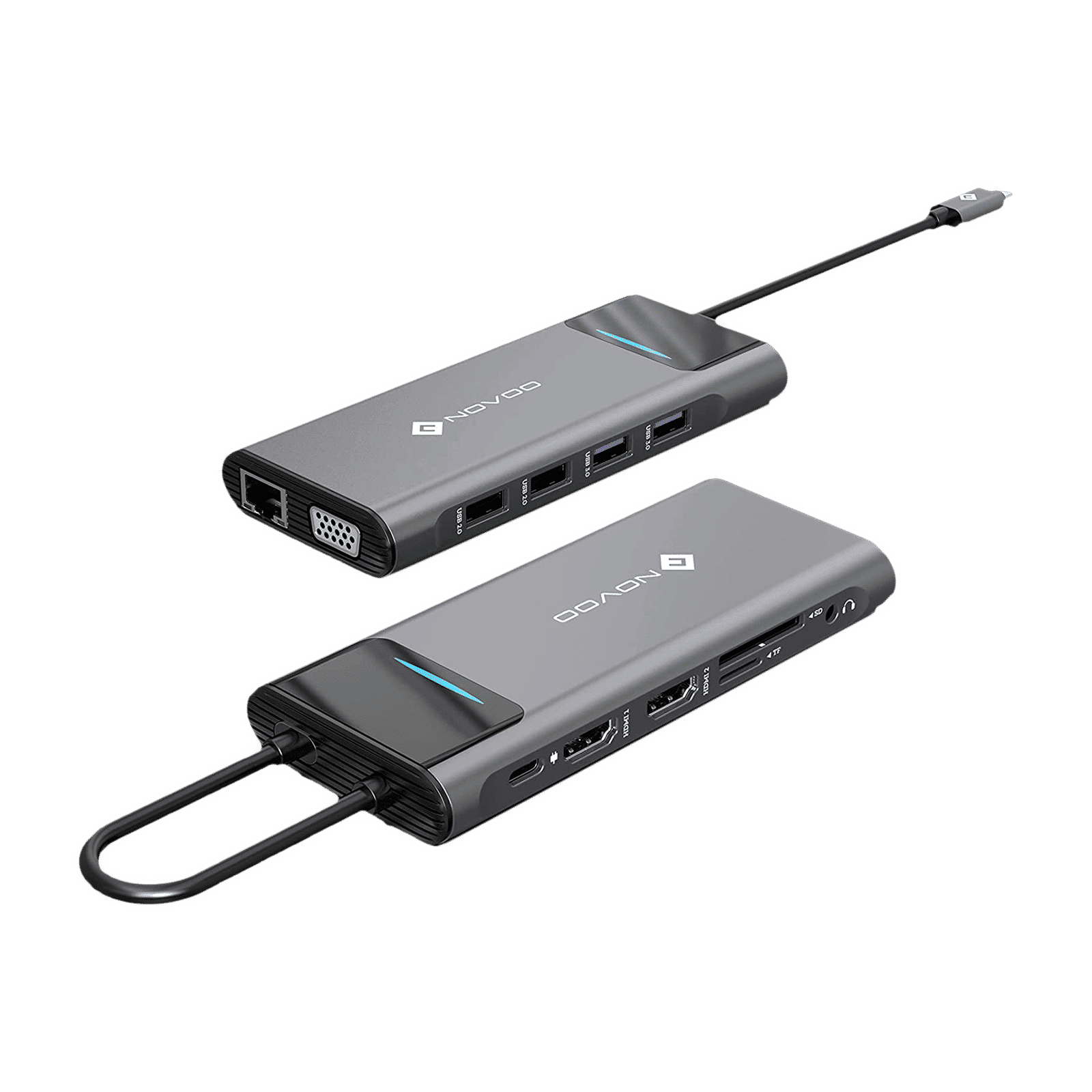 NOVOO 12-in-1 USB 3.0 Type C to USB 2.0 Type A, USB 3.0 Type A, USB Type C, HDMI, SD Card Slot, TF Card, VGA Port, LAN Port, 3.5mm Stereo Multi-Port Hub (With LED Screen, Dark Grey)_11