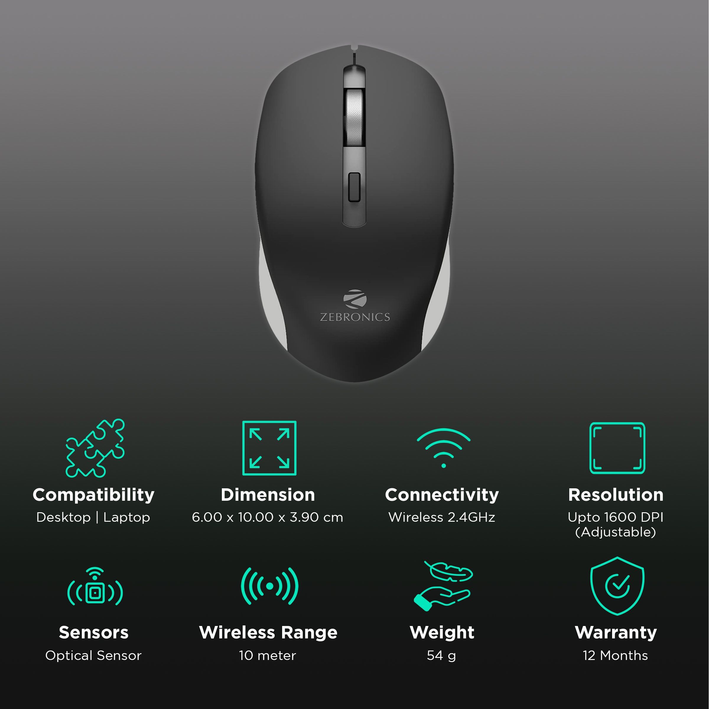 ZEBRONICS Zeb-Jaguar Wireless Optical Mouse (1600 DPI Adjustable, Plug & Play, Black/Grey)_2