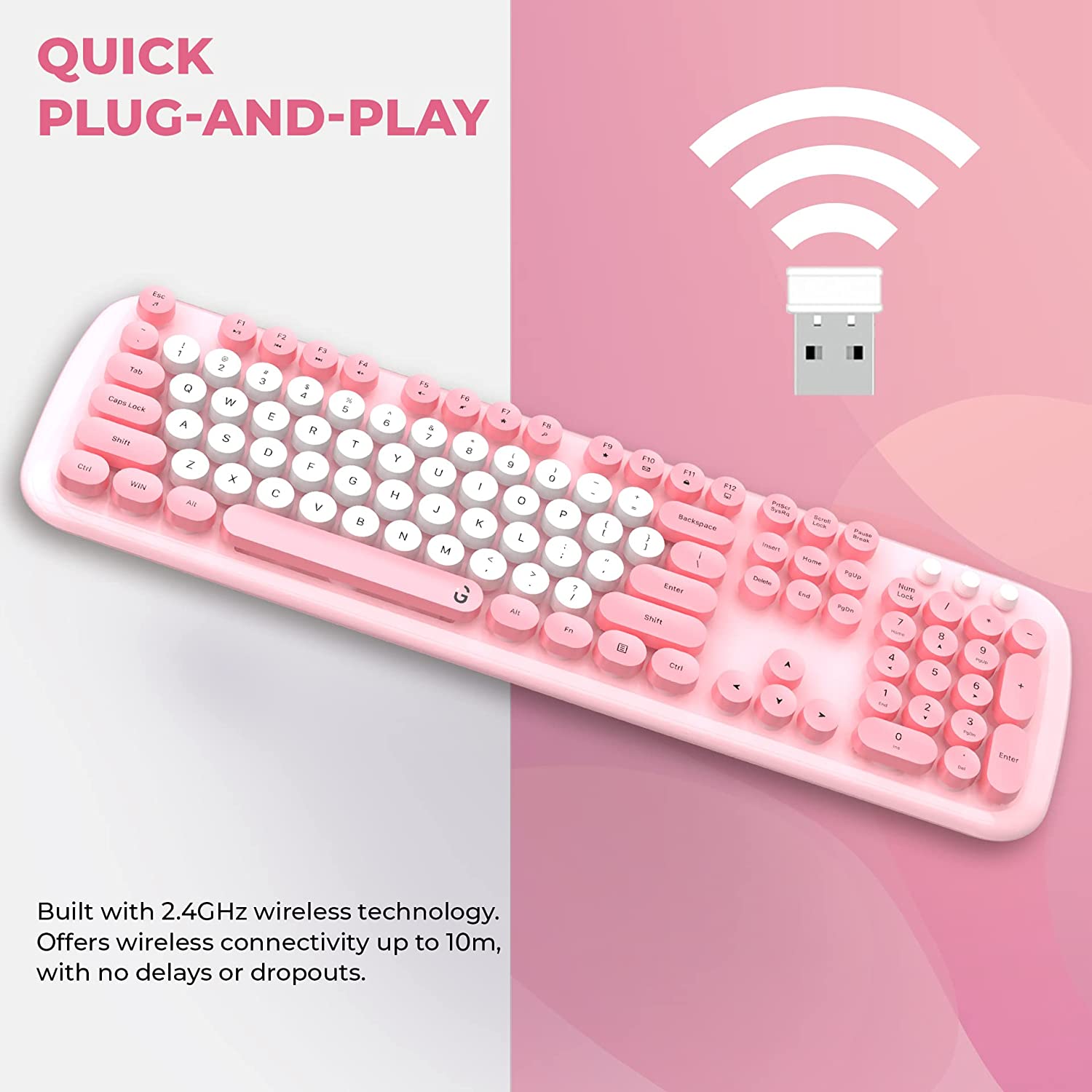 iGear KeyBee Pro Wireless Keyboard & Mouse Combo (104 Keys, 1600 DPI Adjustable, Removable Key Caps, Pink)_13