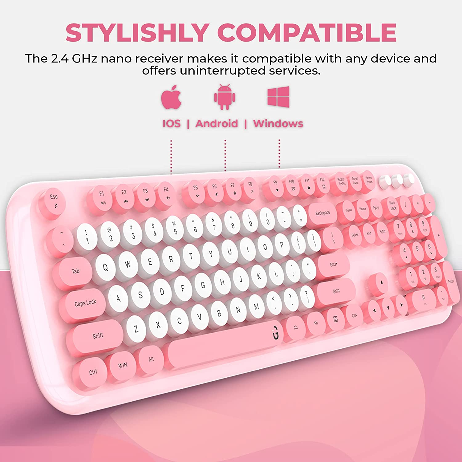 iGear KeyBee Pro Wireless Keyboard & Mouse Combo (104 Keys, 1600 DPI Adjustable, Removable Key Caps, Pink)_6