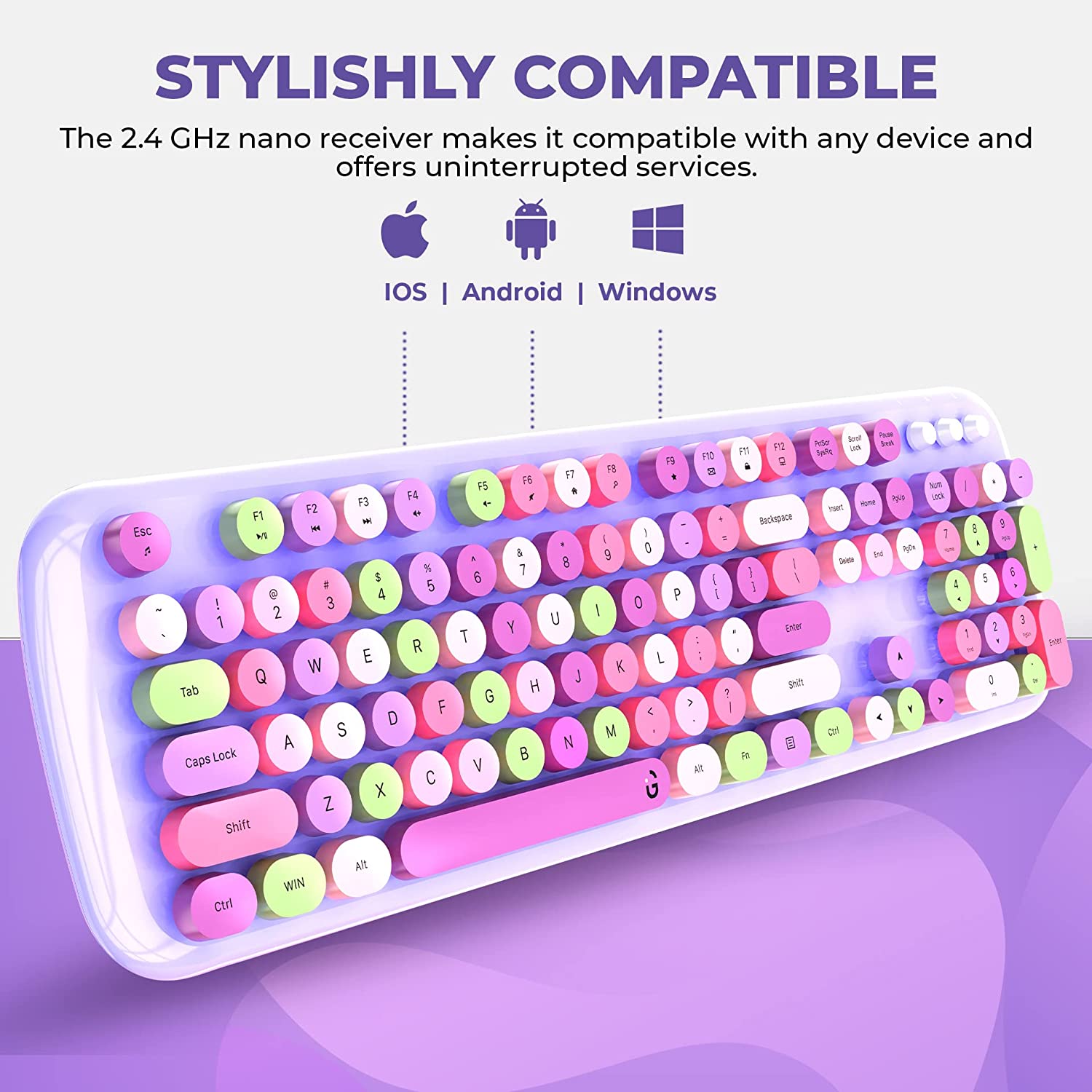 iGear KeyBee Pro Wireless Keyboard & Mouse Combo (104 Keys, 1600 DPI Adjustable, Removable Key Caps, Purple)_11