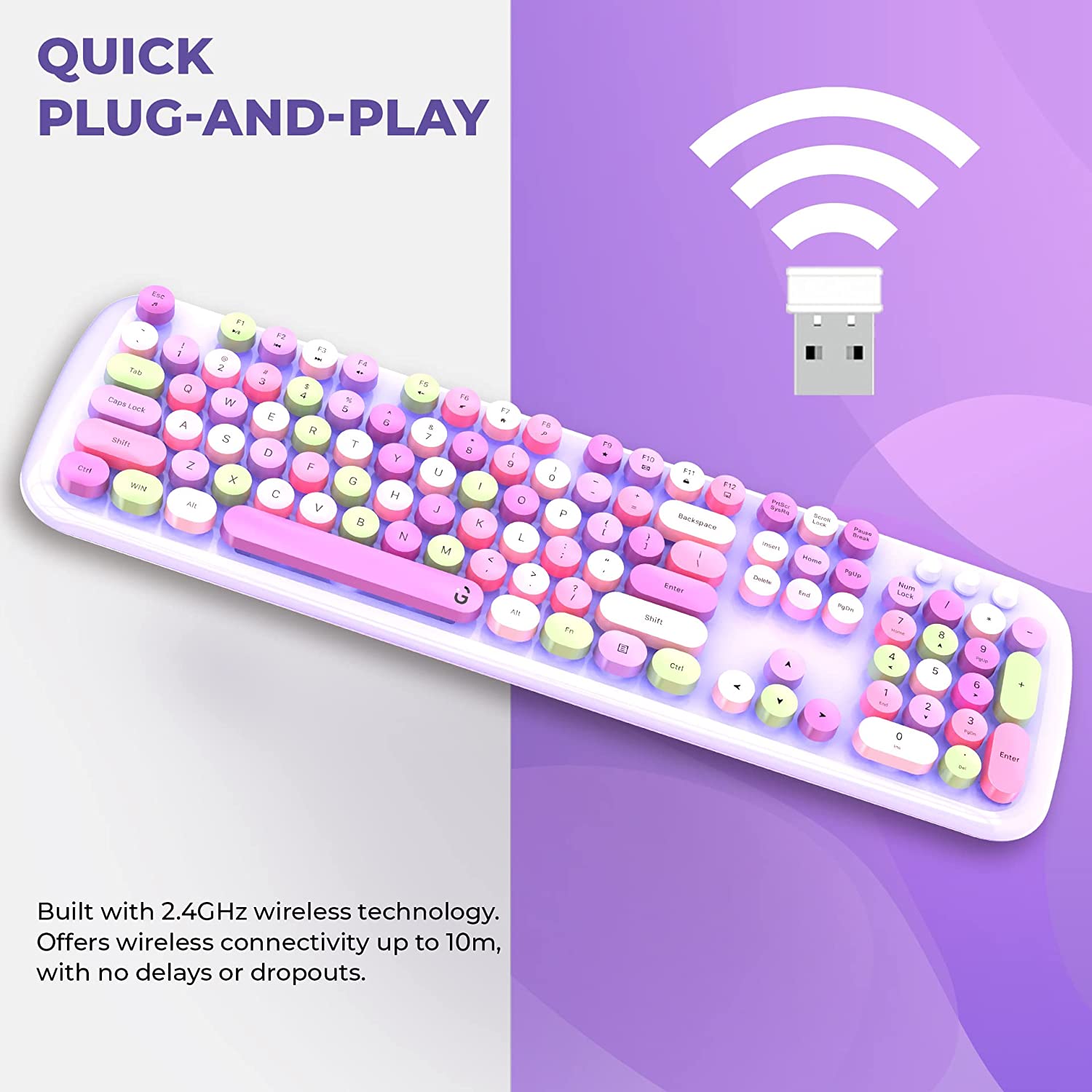 iGear KeyBee Pro Wireless Keyboard & Mouse Combo (104 Keys, 1600 DPI Adjustable, Removable Key Caps, Purple)_5