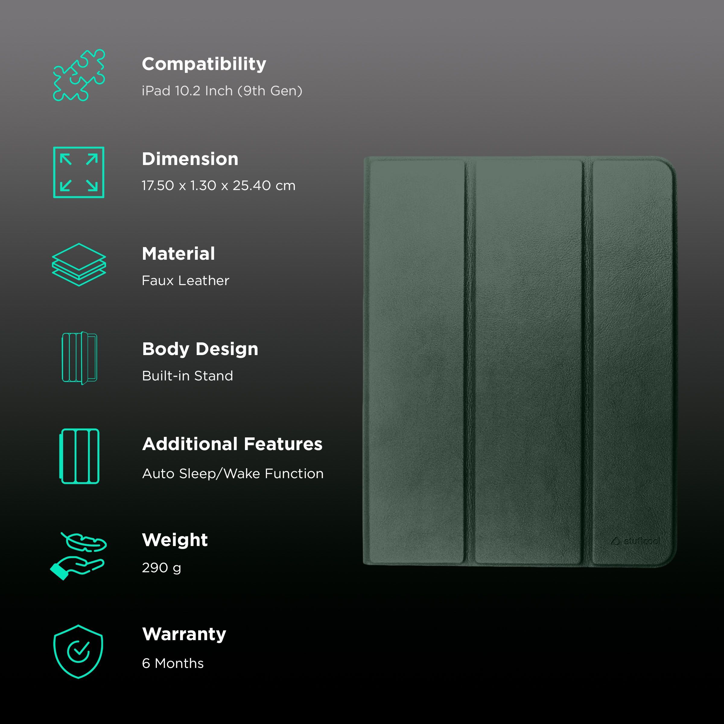 Stuffcool Flex Faux Leather Flip Cover for Apple iPad 10.2 Inch (9th Gen) (Built-in Pencil Holder, Mint Green)_2