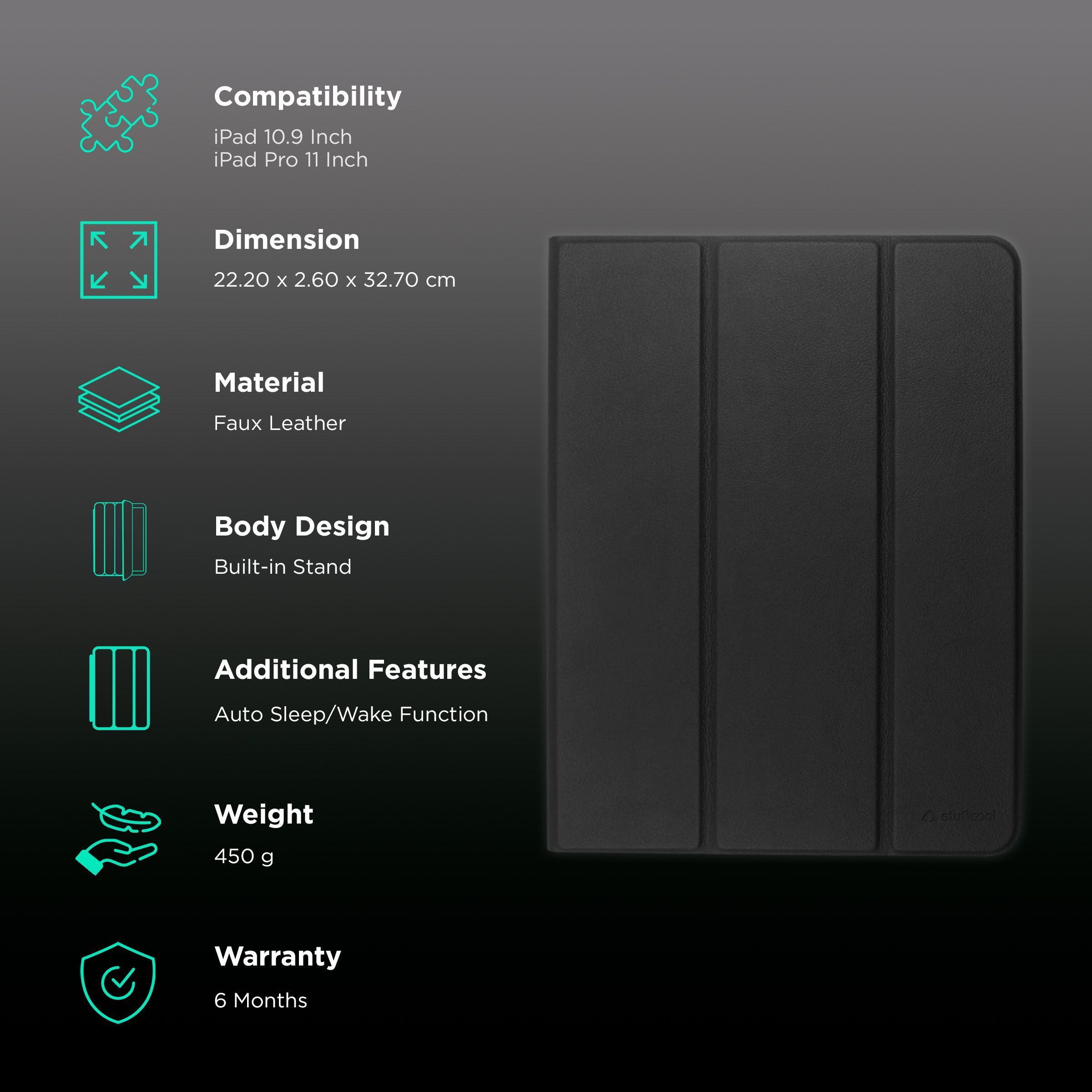 Stuffcool Flex Faux Leather Flip Cover for Apple iPad 10.9, iPad Pro 11 Inch (Built-in Pencil Holder, Black)_2