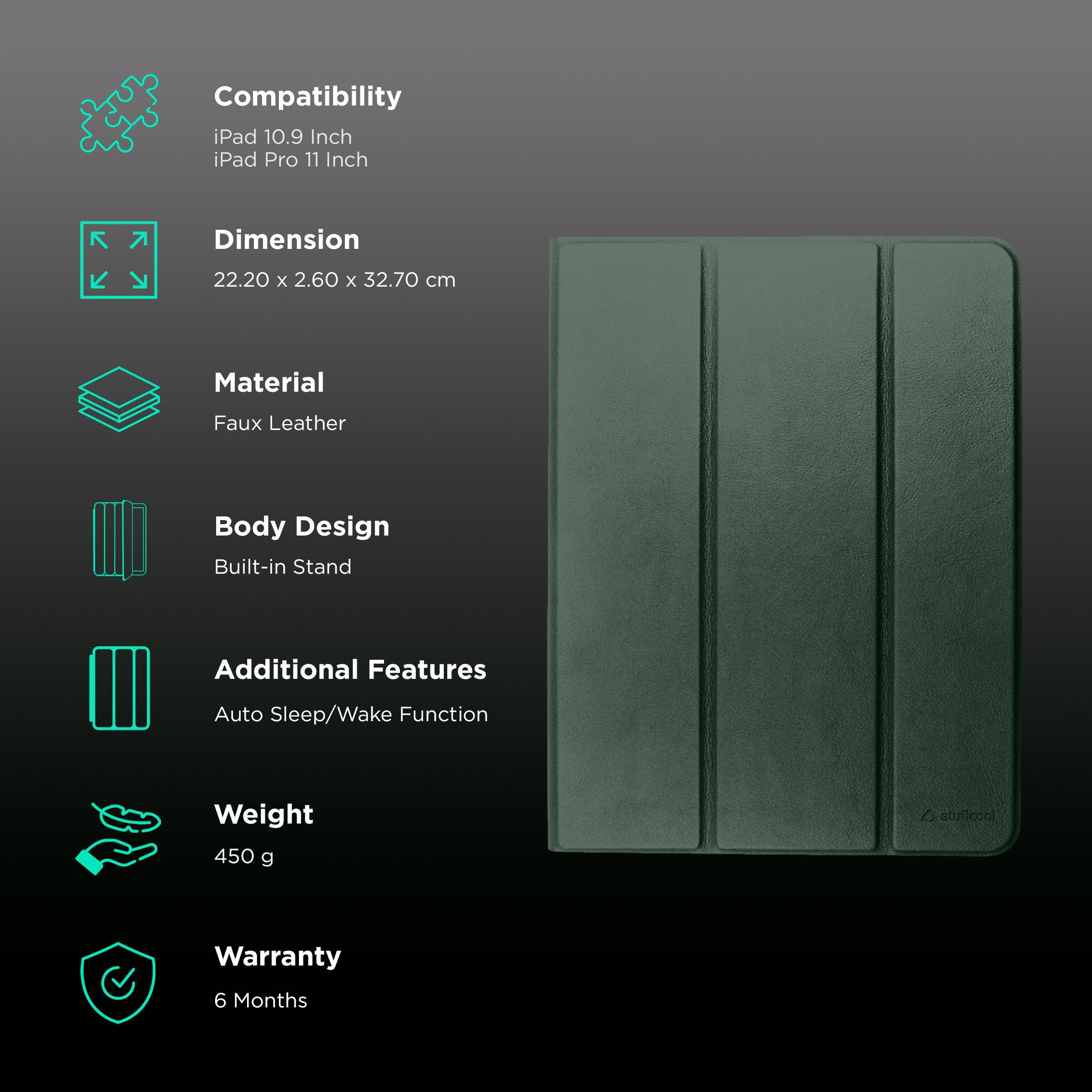 Stuffcool Flex Faux Leather Flip Cover for Apple iPad 10.9, iPad Pro 11 Inch (Built-in Pencil Holder, Green)_2
