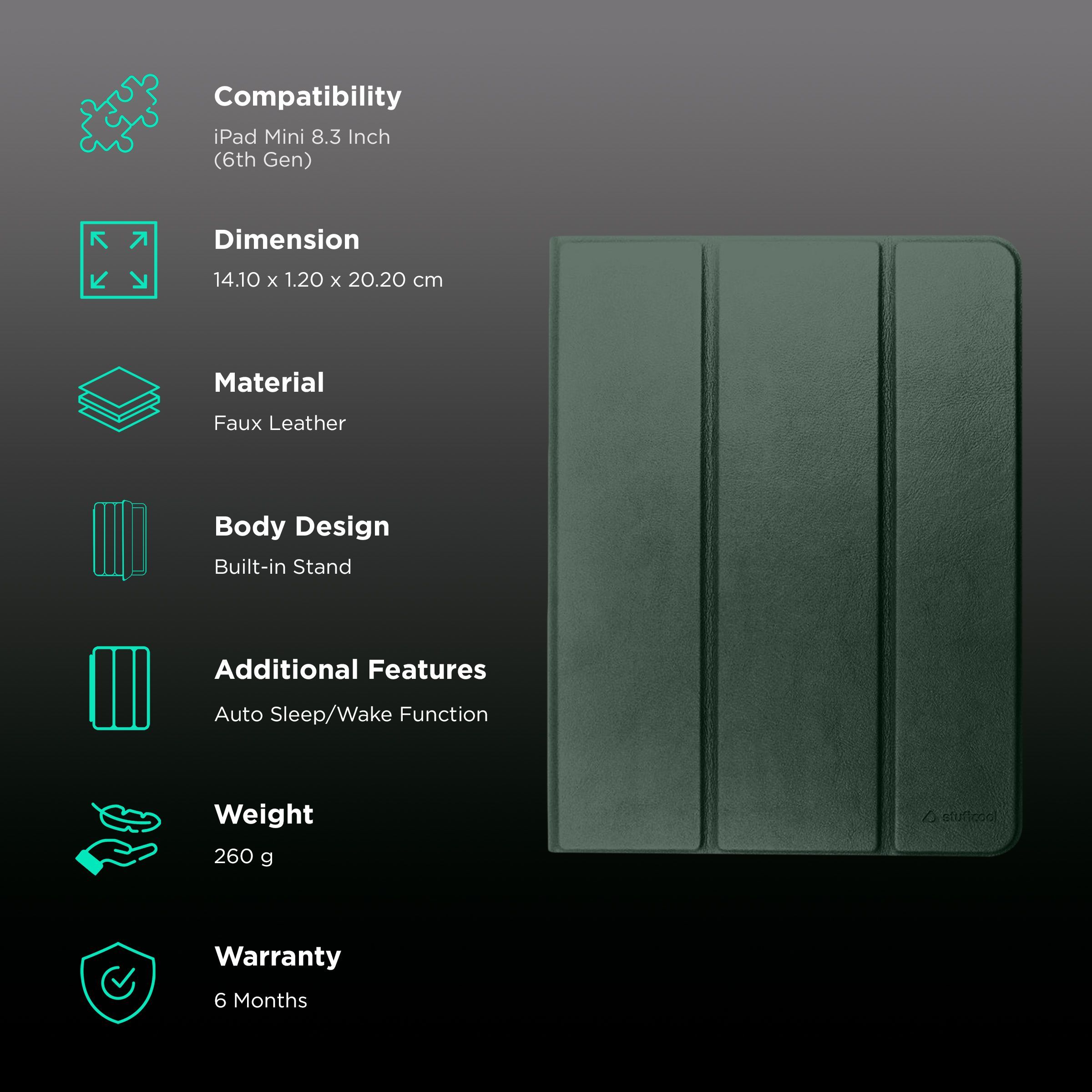 Stuffcool Flex Faux Leather Flip Cover for Apple iPad Mini 8.3 Inch (6th Gen) (Built-in Pencil Holder, Mint Green)_2