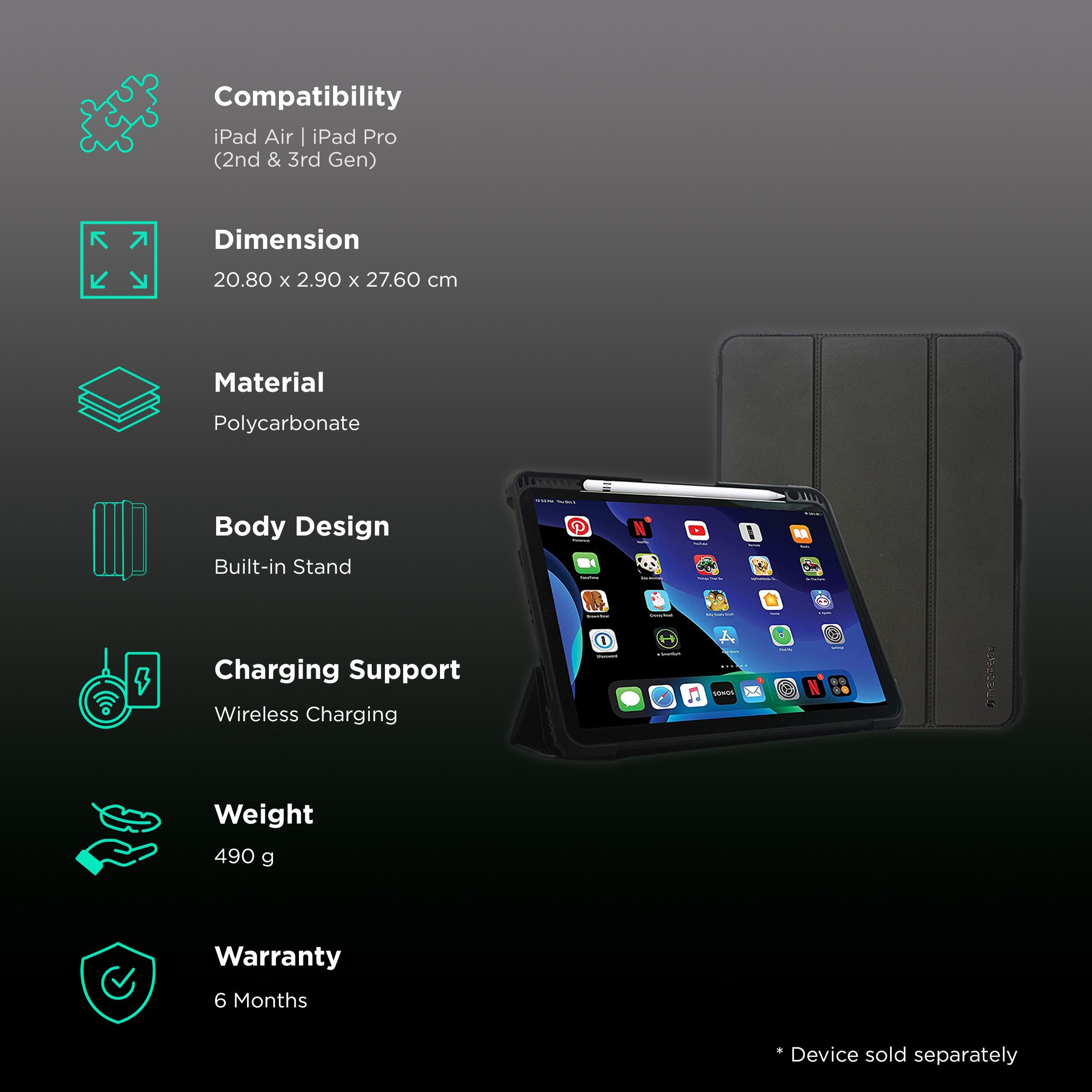 Neopack Defender Polycarbonate, TPU Flip Cover for Apple iPad Air, iPad Pro (2nd & 3rd Gen) (With Pencil Holder, Black)_2