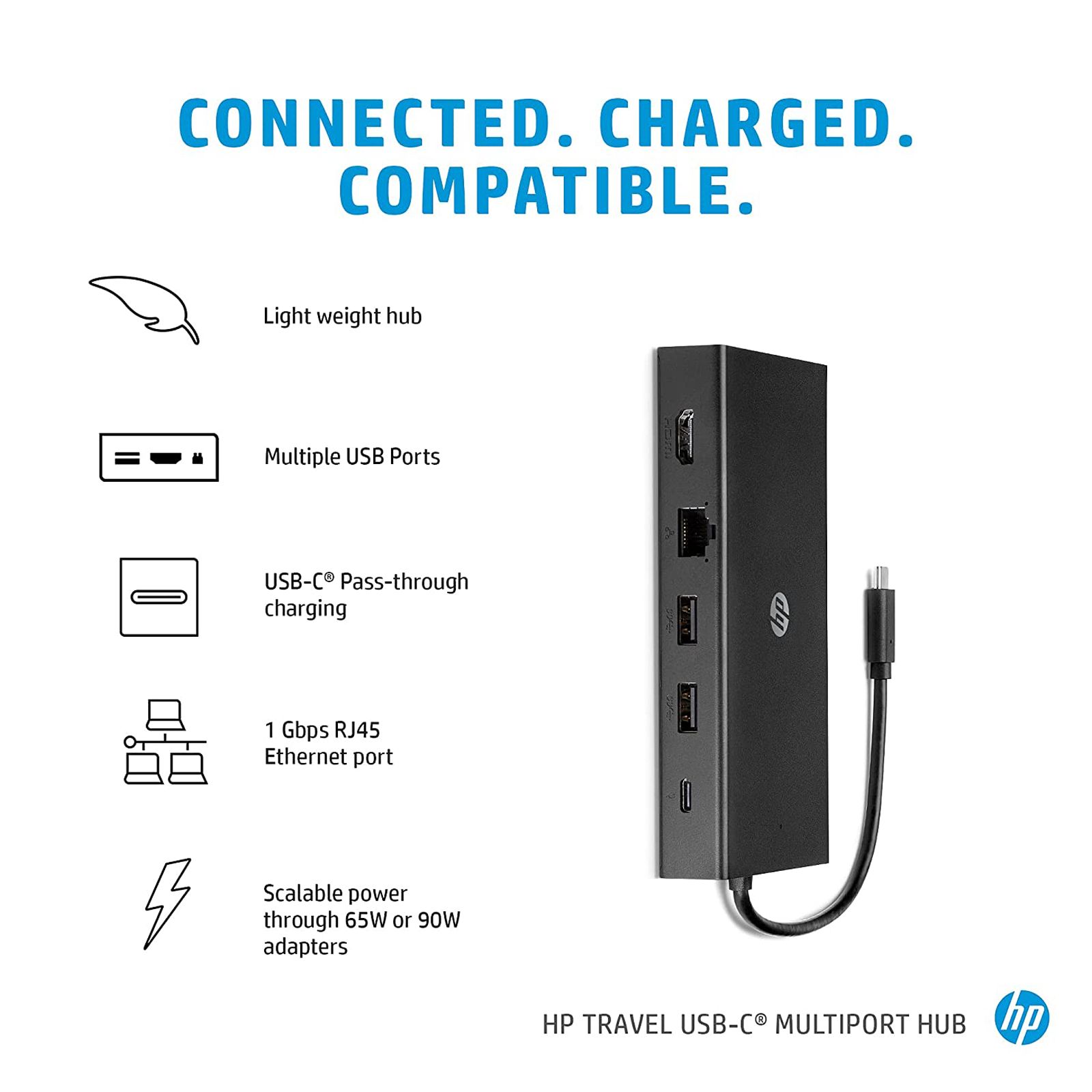 HP Travel USB 3.2 Type C to USB 2.0 Type A, VGA Port, LAN Port, SD Card Slot, MicroSD Card Slot, 3.5mm Stereo, HDMI Type A, USB 3.2 Type C Multi-Port Hub (Pass-Through Charging, Black)_3