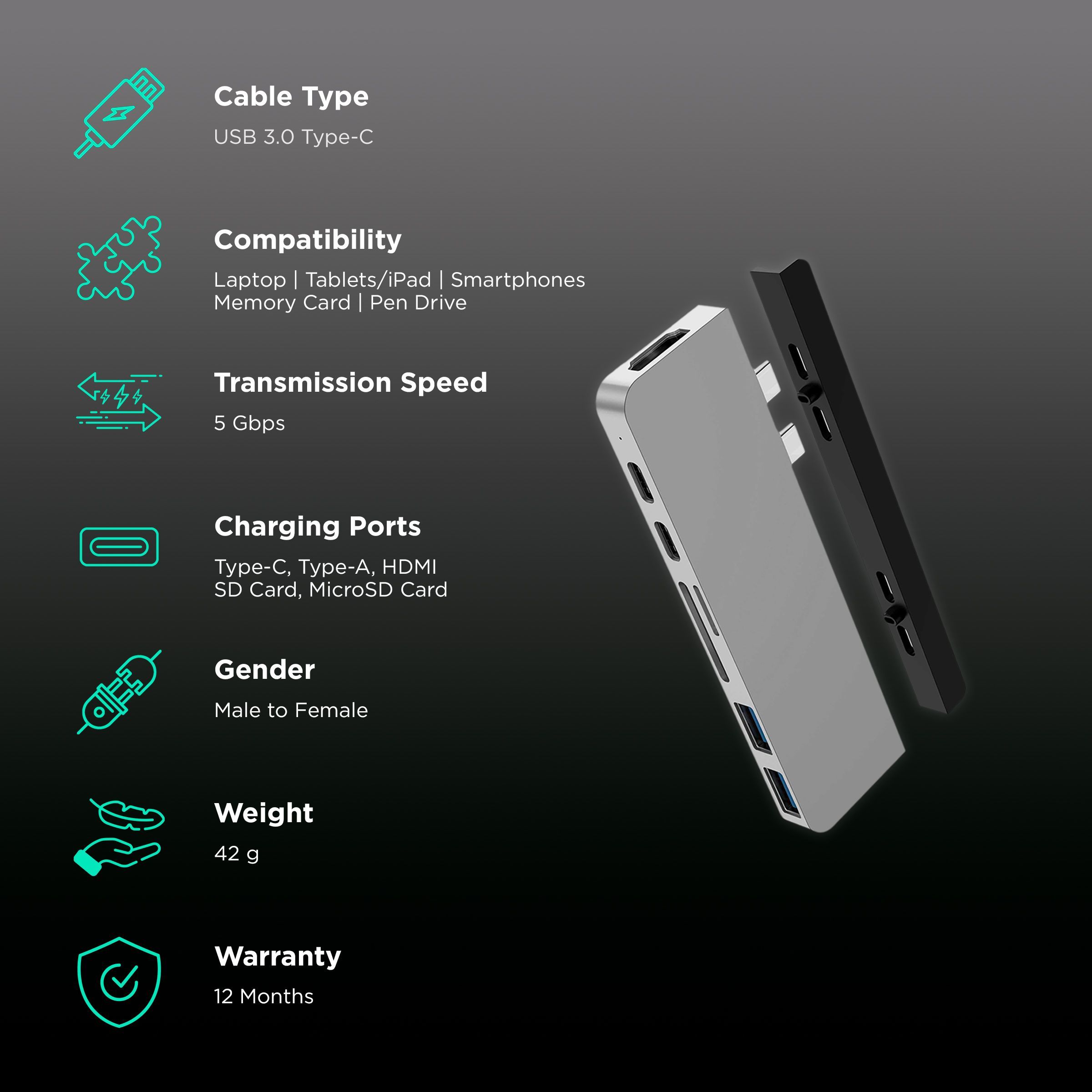 HYPERDRIVE DUO 7-in-2 USB 3.0 Type C to USB 3.0 Type C, USB 3.0 Type A, HDMI Type A, SD Card Slot, MicroSD Card Slot USB Hub (Magnetic Strip Mounting, Space Grey)_2