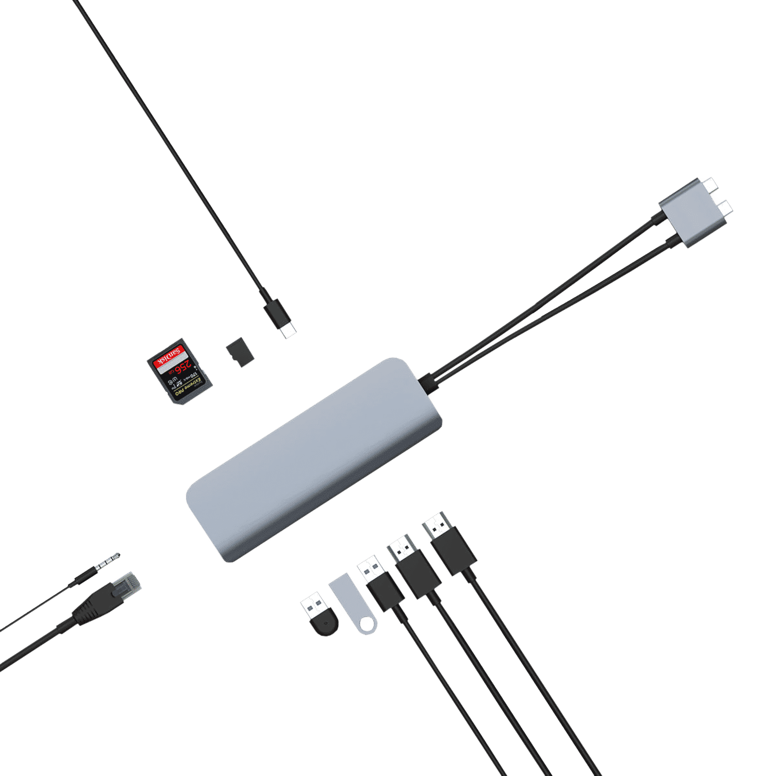 HYPERDRIVE VIPER 10-in-2 USB 3.0 Type C to USB 3.0 Type C, HDMI Type A, 3.5mm Stereo, USB 3.0 Type A, LAN Port, SD Card Slot, MicroSD Card Slot USB Hub (Pass-Through Charging, Space Grey)_8