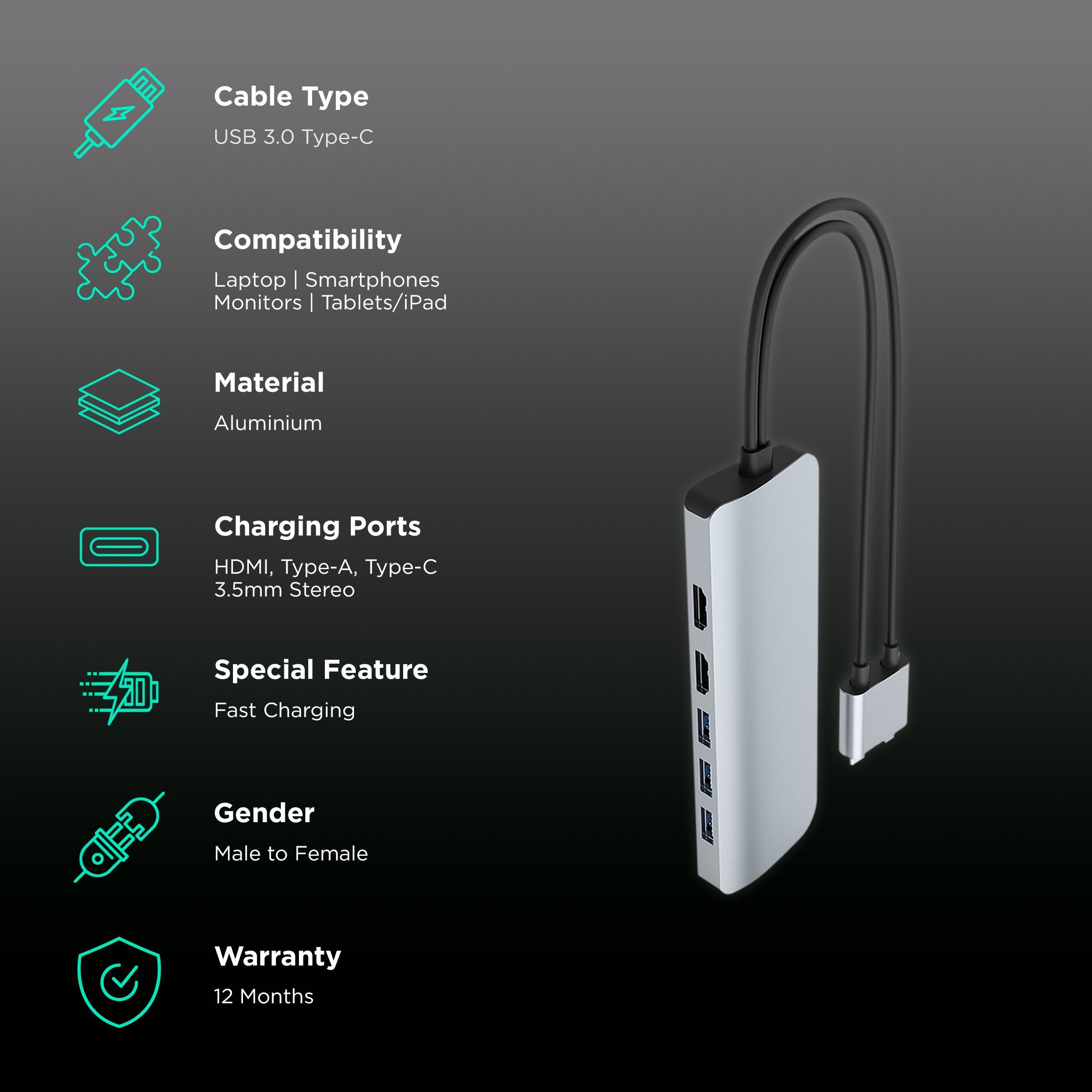 HYPERDRIVE VIPER 10-in-2 USB 3.0 Type C to USB 3.0 Type C, HDMI Type A, 3.5mm Stereo, USB 3.0 Type A, LAN Port, SD Card Slot, MicroSD Card Slot USB Hub (Pass-Through Charging, Space Grey)_2