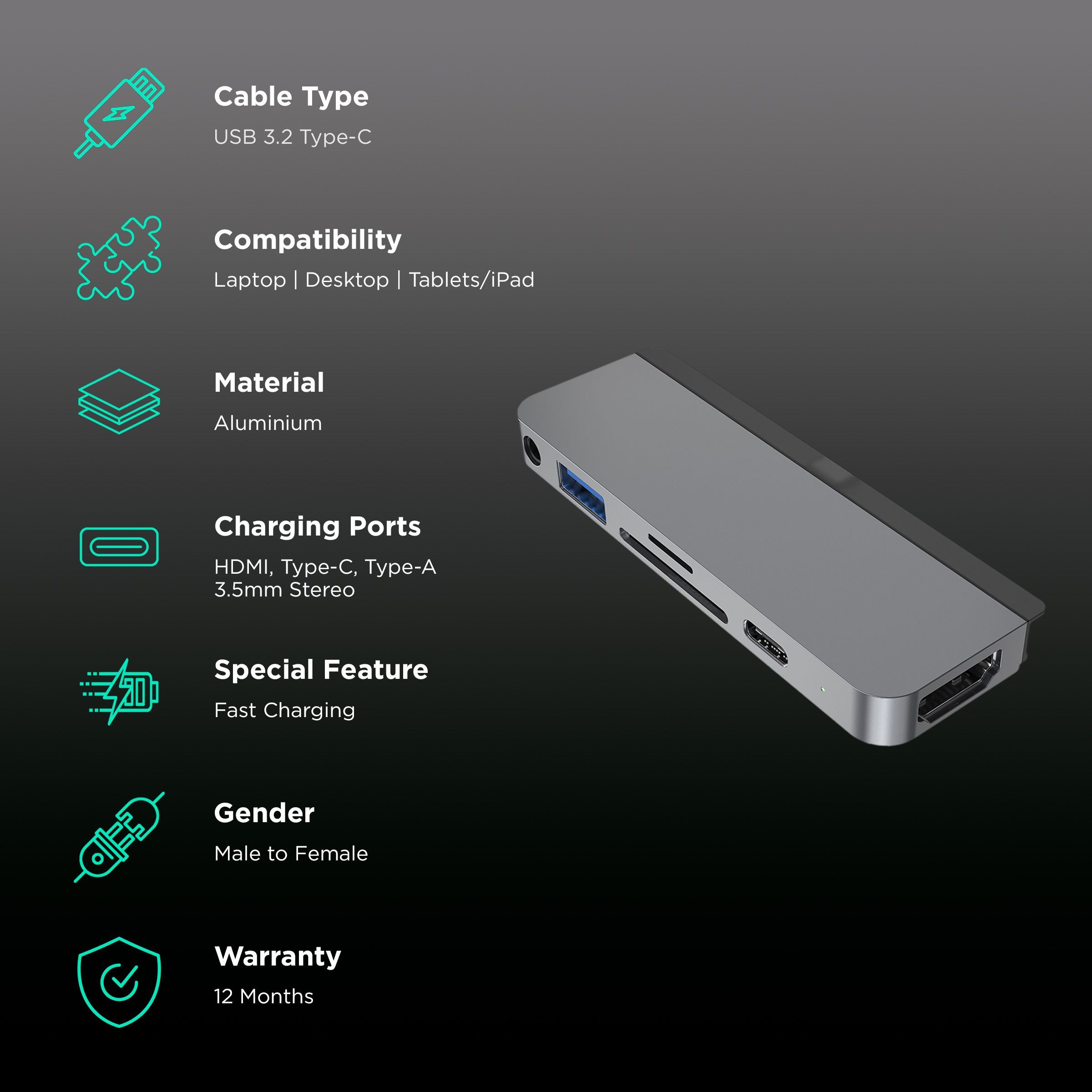 HYPERDRIVE 6-in-1 USB 3.2 Type C to USB 3.0 Type C, USB 3.1 Type A, HDMI Type A, SD Card Slot, MicroSD Card Slot, 3.5mm Stereo USB Hub (Pass-Through Charging, Space Grey)_2