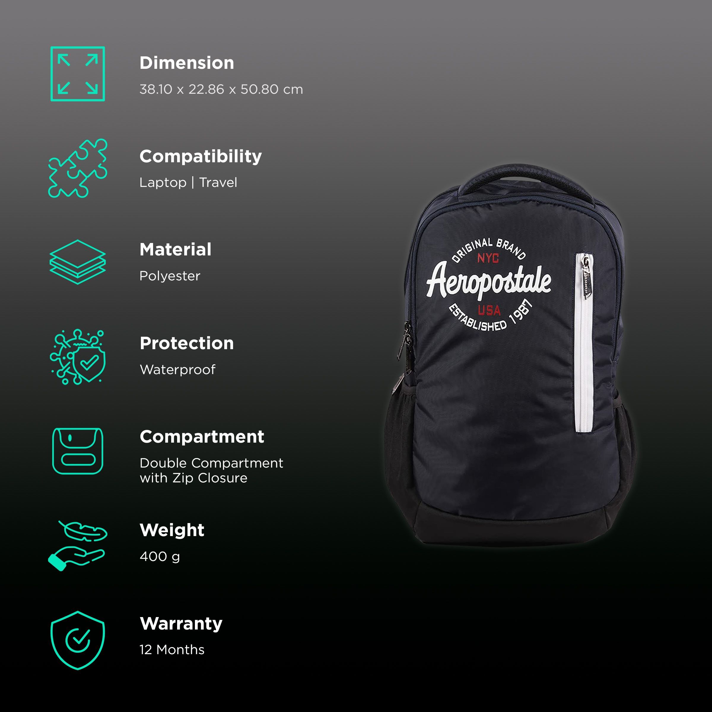 AEROPOSTALE Adventure Polyester Laptop Backpack(30 L, Waterproof, Black)_2