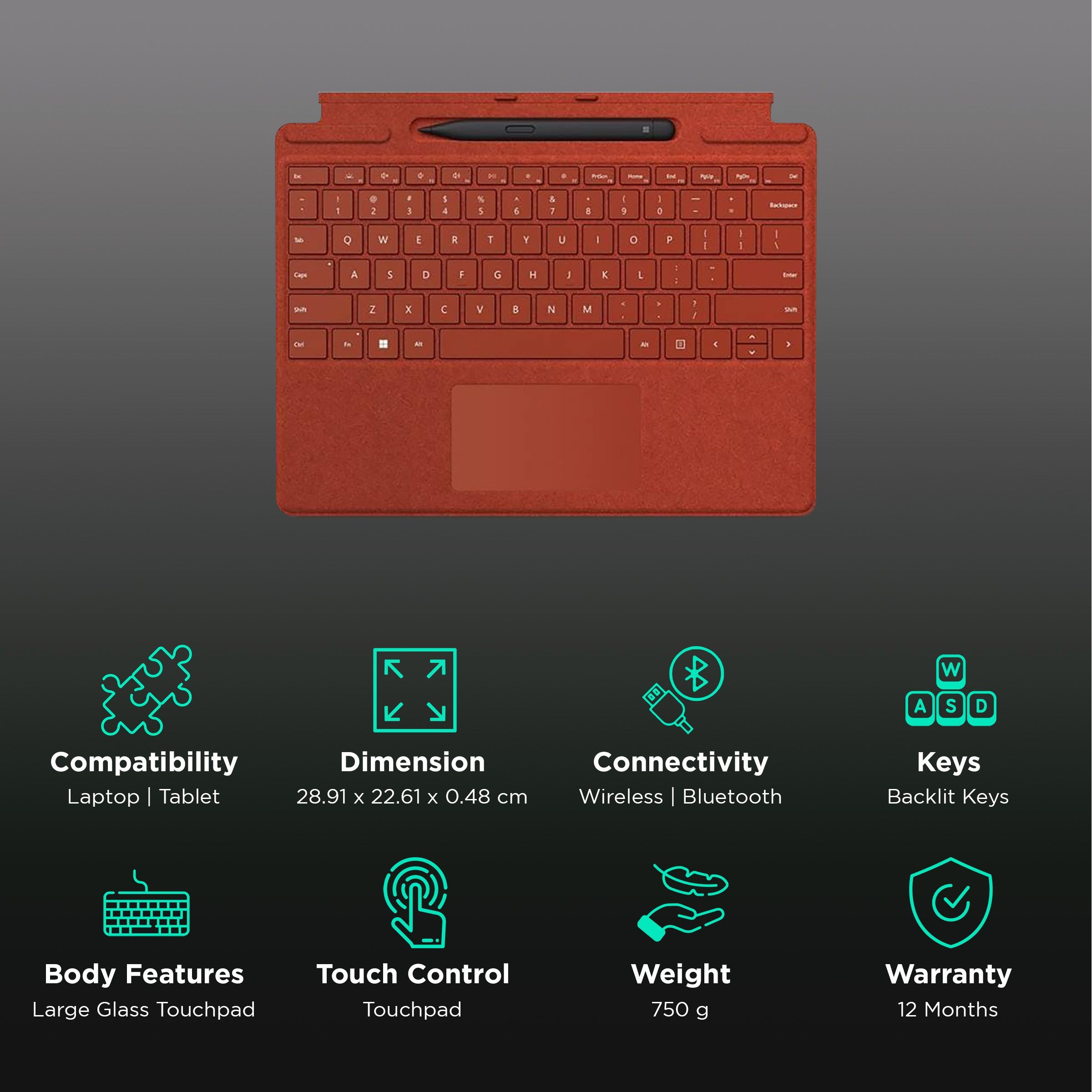 Microsoft Surface Pro Signature Wireless Keyboard with Touchpad (with Slim Pen, Poppy Red)_2