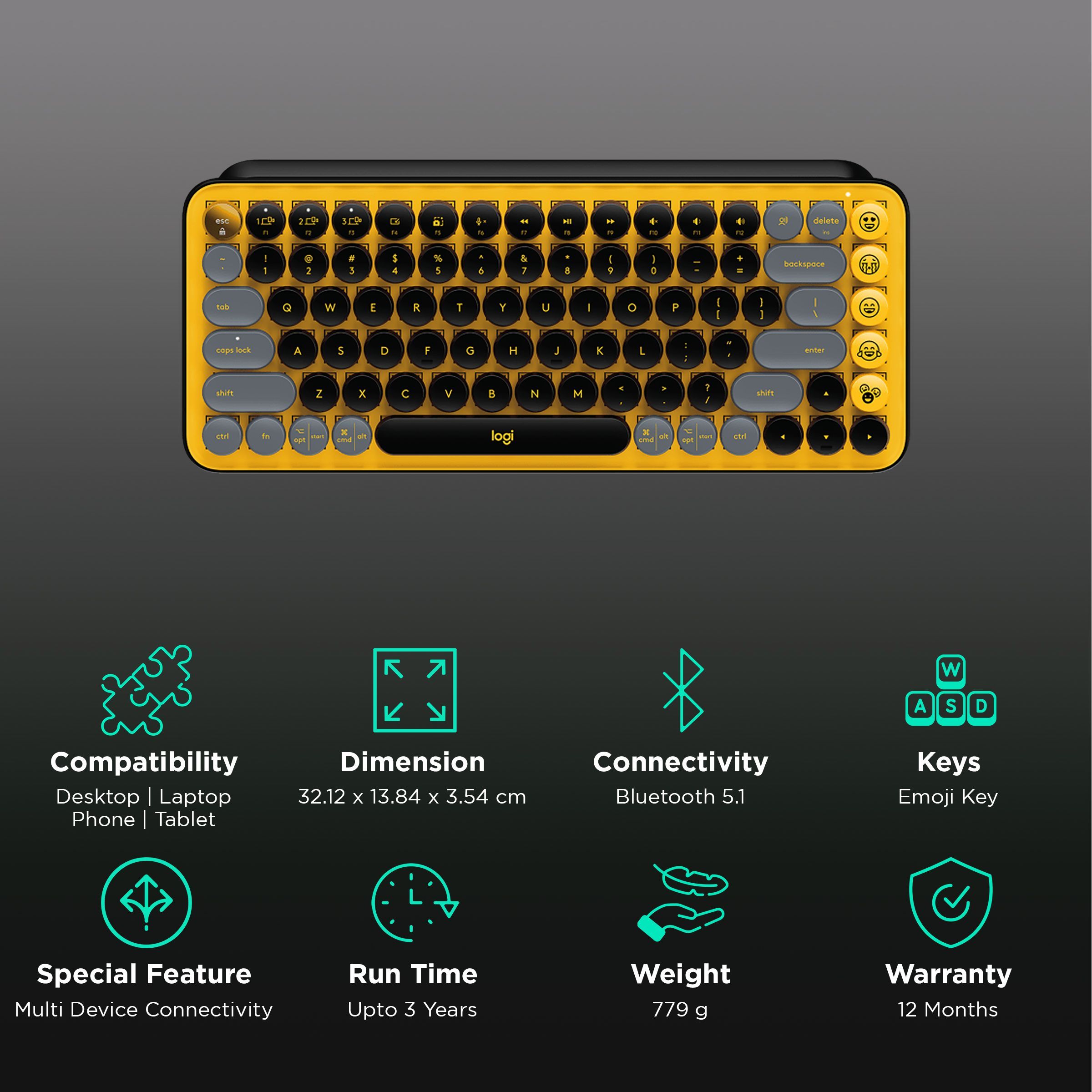 logitech POP Keys Bluetooth 5.1 Wireless Keyboard with Multi Device Connectivity (50 Million Keystrokes, Blast)_2