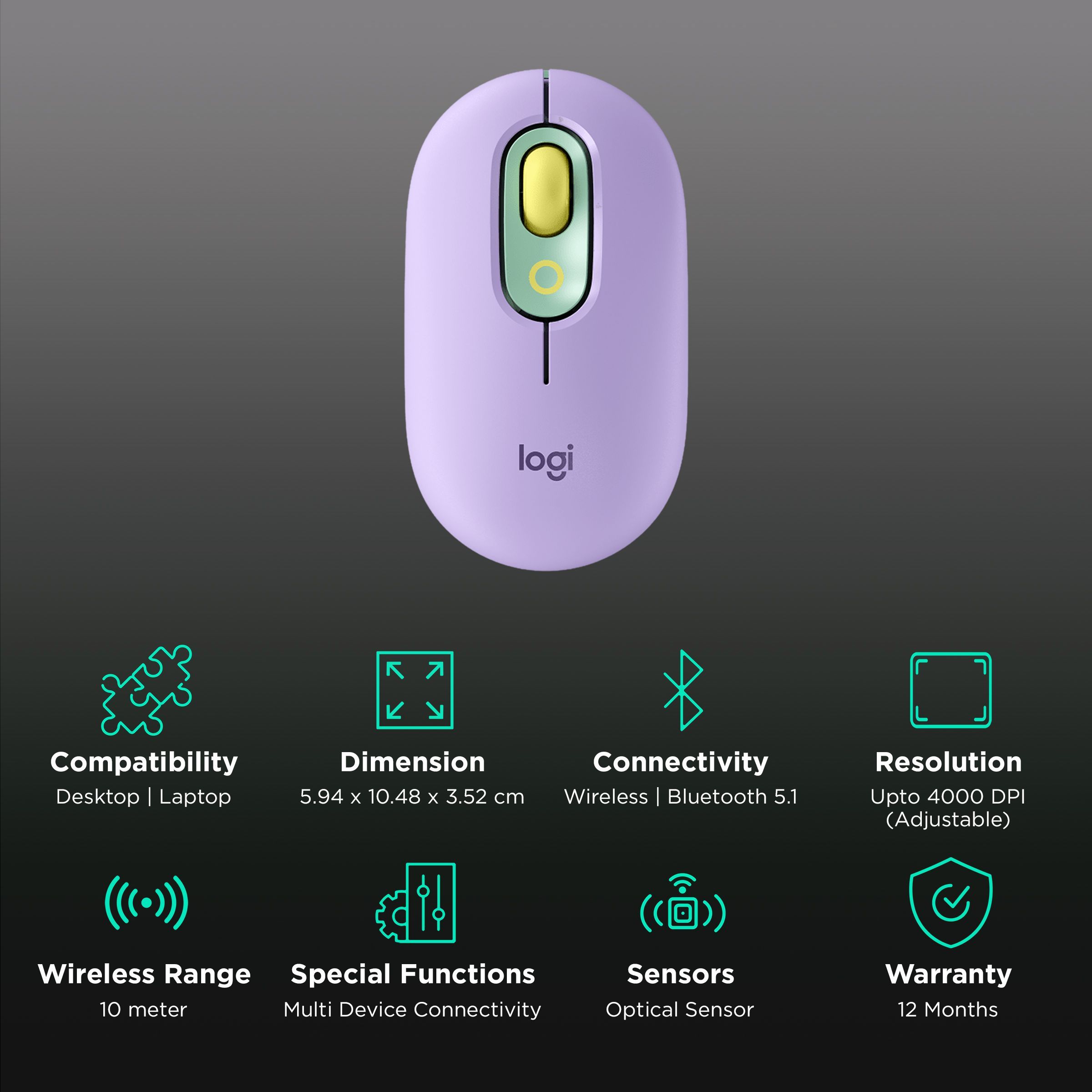 logitech POP Wireless Optical Performance Mouse with Silent Click Buttons (4000 DPI Adjustable, Multi Device Connectivity, Daydream)_2