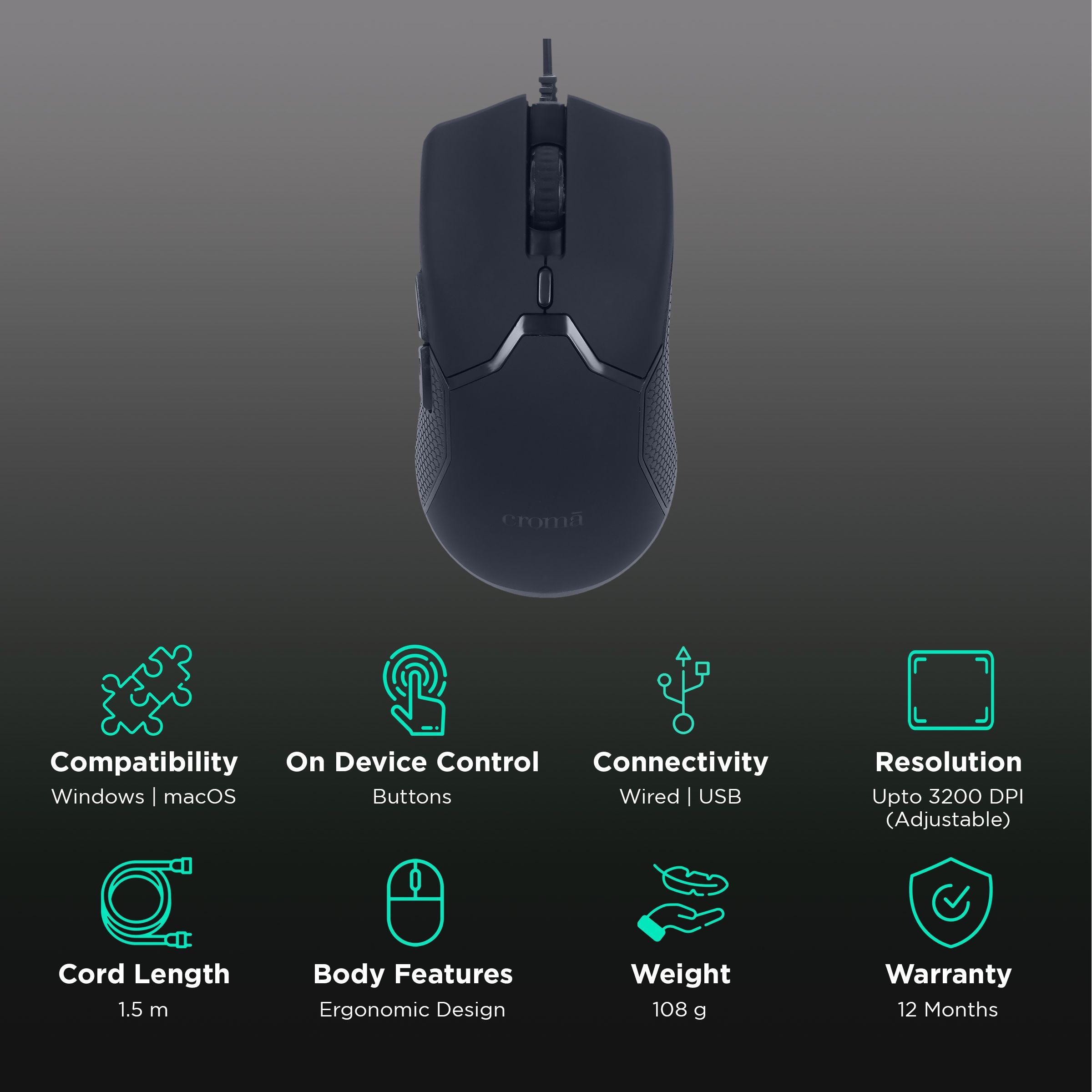 Croma Wired Optical Gaming Mouse (3200 DPI Adjustable, Ergonomic Design, Black) Croma Wired Optical Gaming Mouse (3200 DPI Adjustable, Ergonomic Design, Black)_2