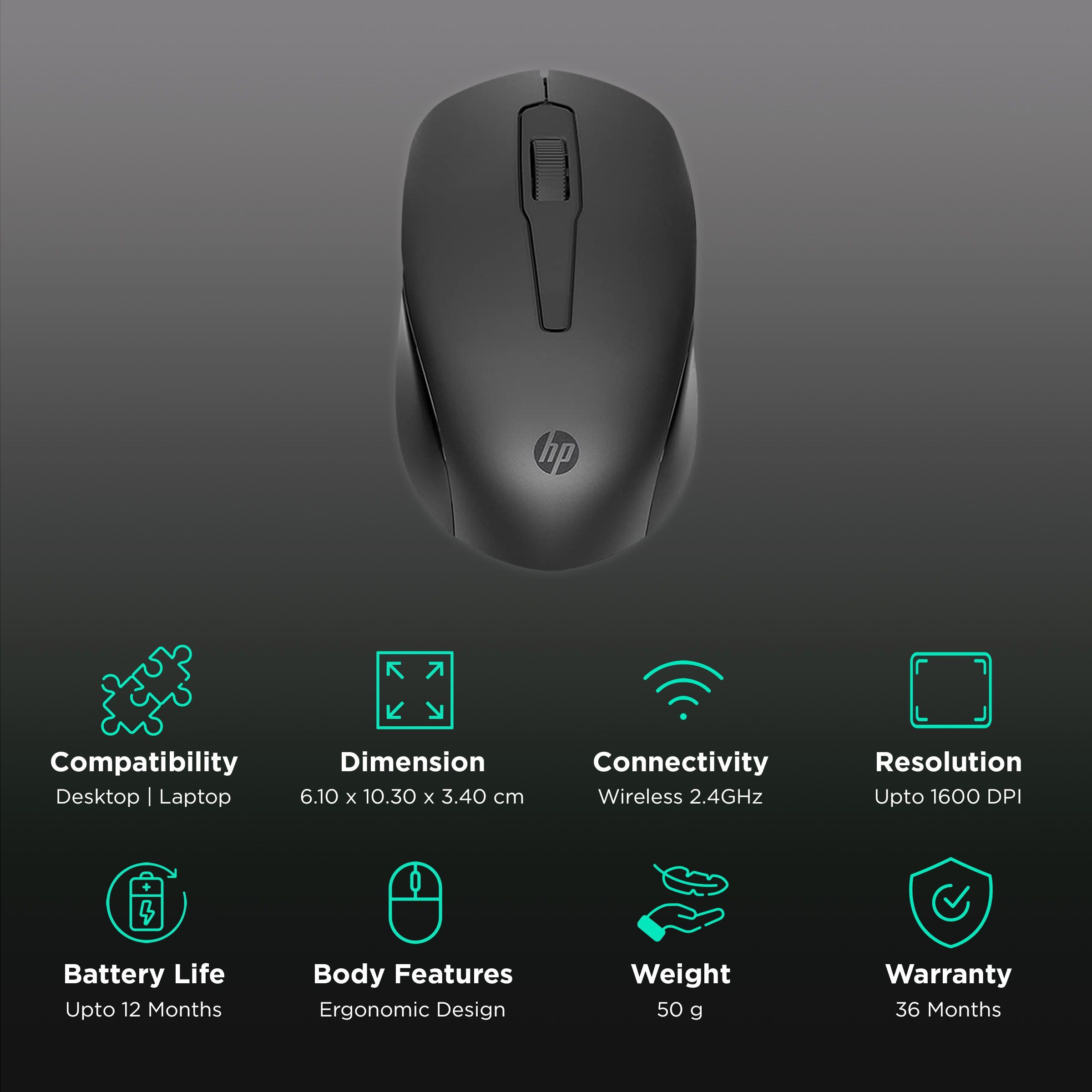 HP 150 Wireless Optical Mouse (1600 DPI, Ergonomic Design, Black)_2