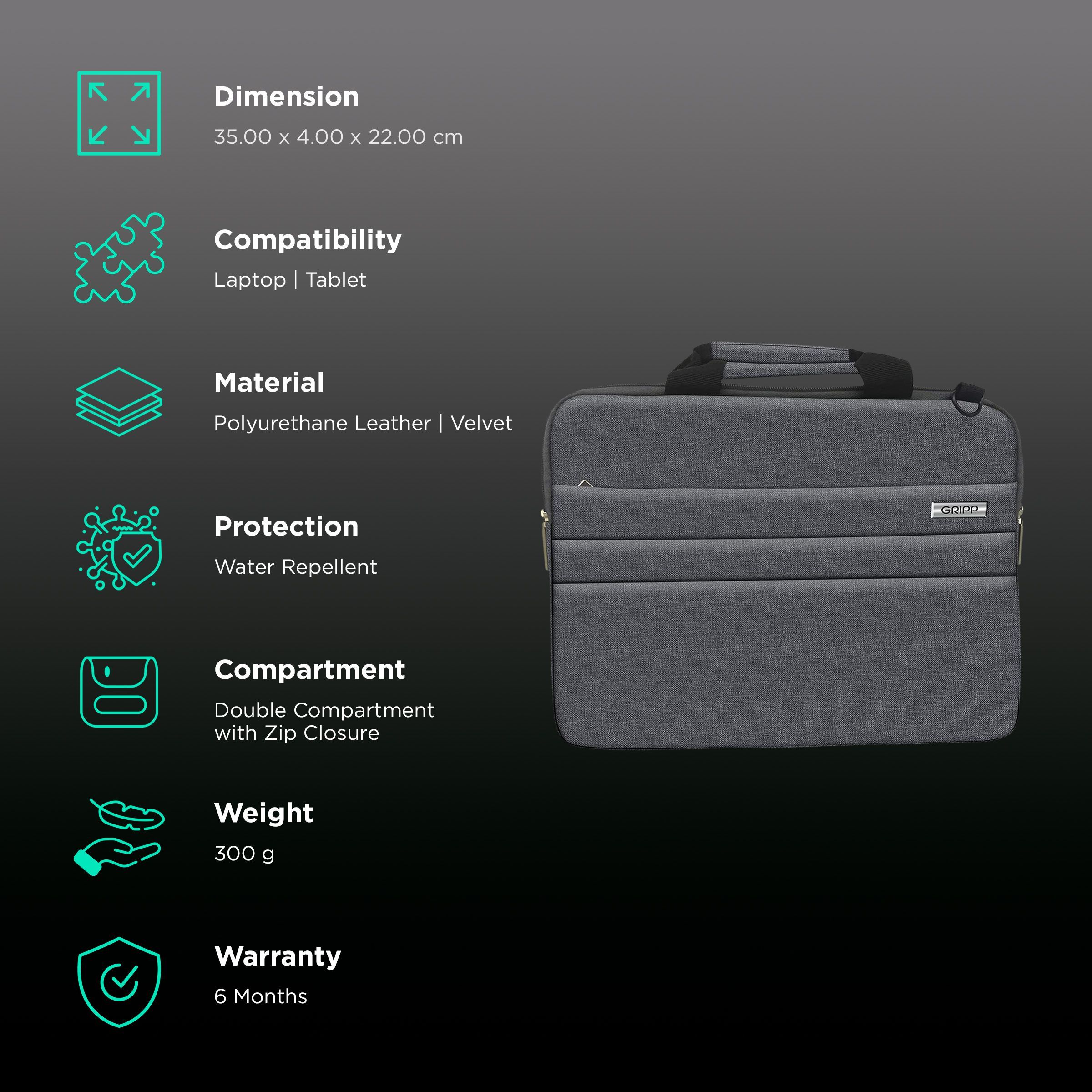 GRIPP Lecon Polyurethane Leather, Velvet Laptop Sleeve for 13.3 & 14 Inch Laptop (Water Repellent, Grey)_3