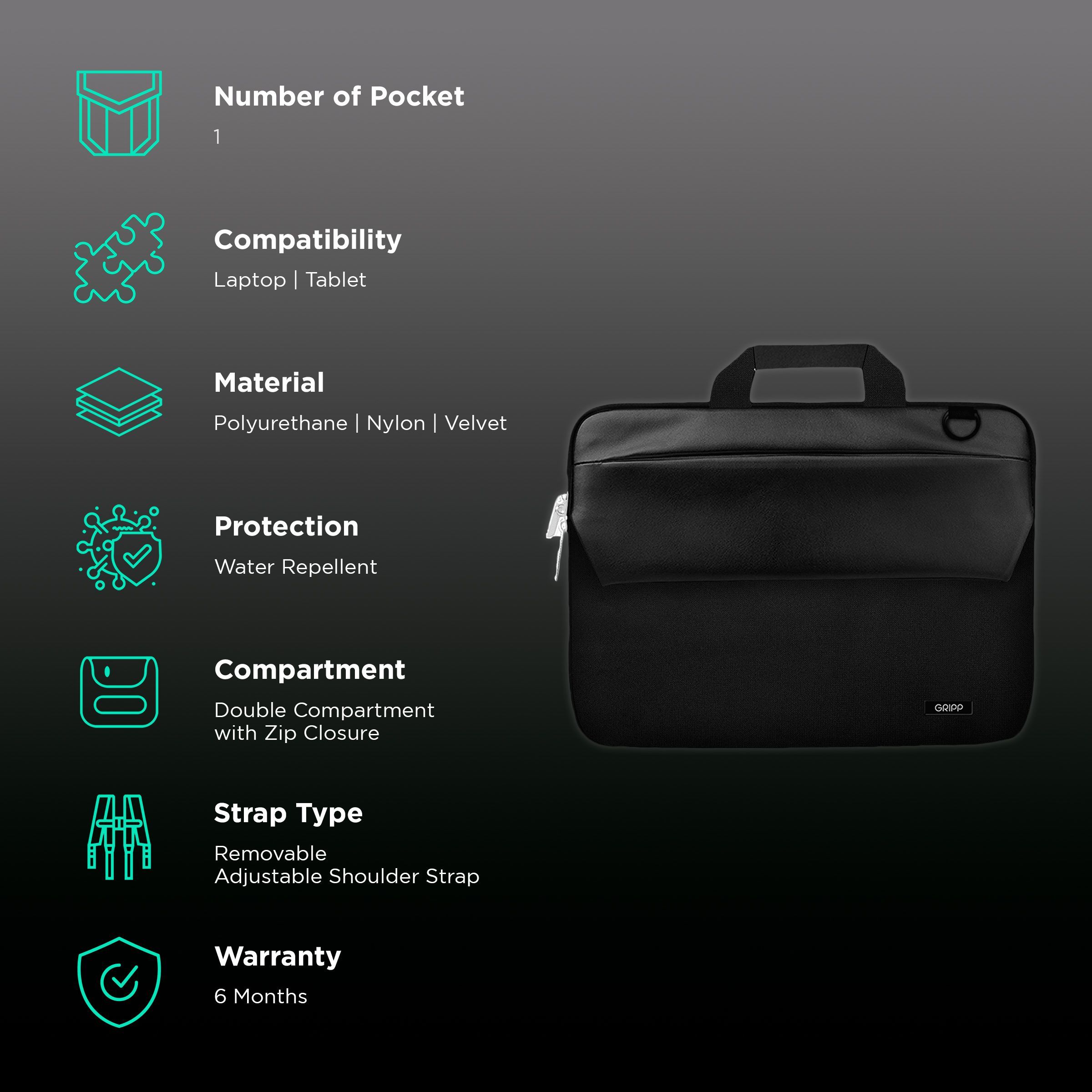 GRIPP Hugo Polyurethane, Nylon, Velvet Laptop Sling Bag for 13.3 & 14 Inch Laptop (Water Repellent, Black)_3