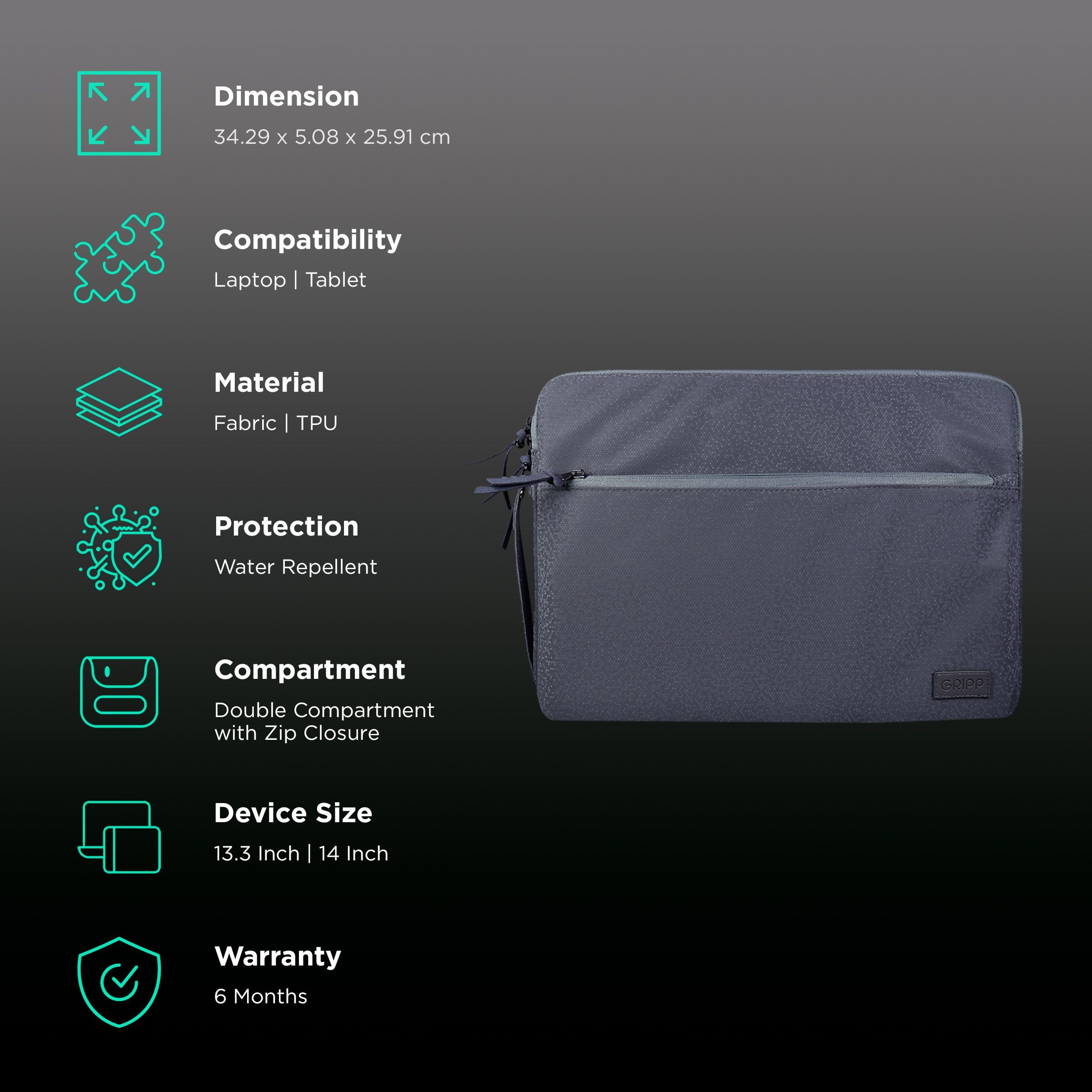 GRIPP Cello Slim Fabric, TPU Laptop Sleeve for 13.3 & 14 Inch Laptop (Water Repellent, Grey) GRIPP Cello Slim Fabric, TPU Laptop Sleeve for 13.3 & 14 Inch Laptop (Water Repellent, Grey)_3