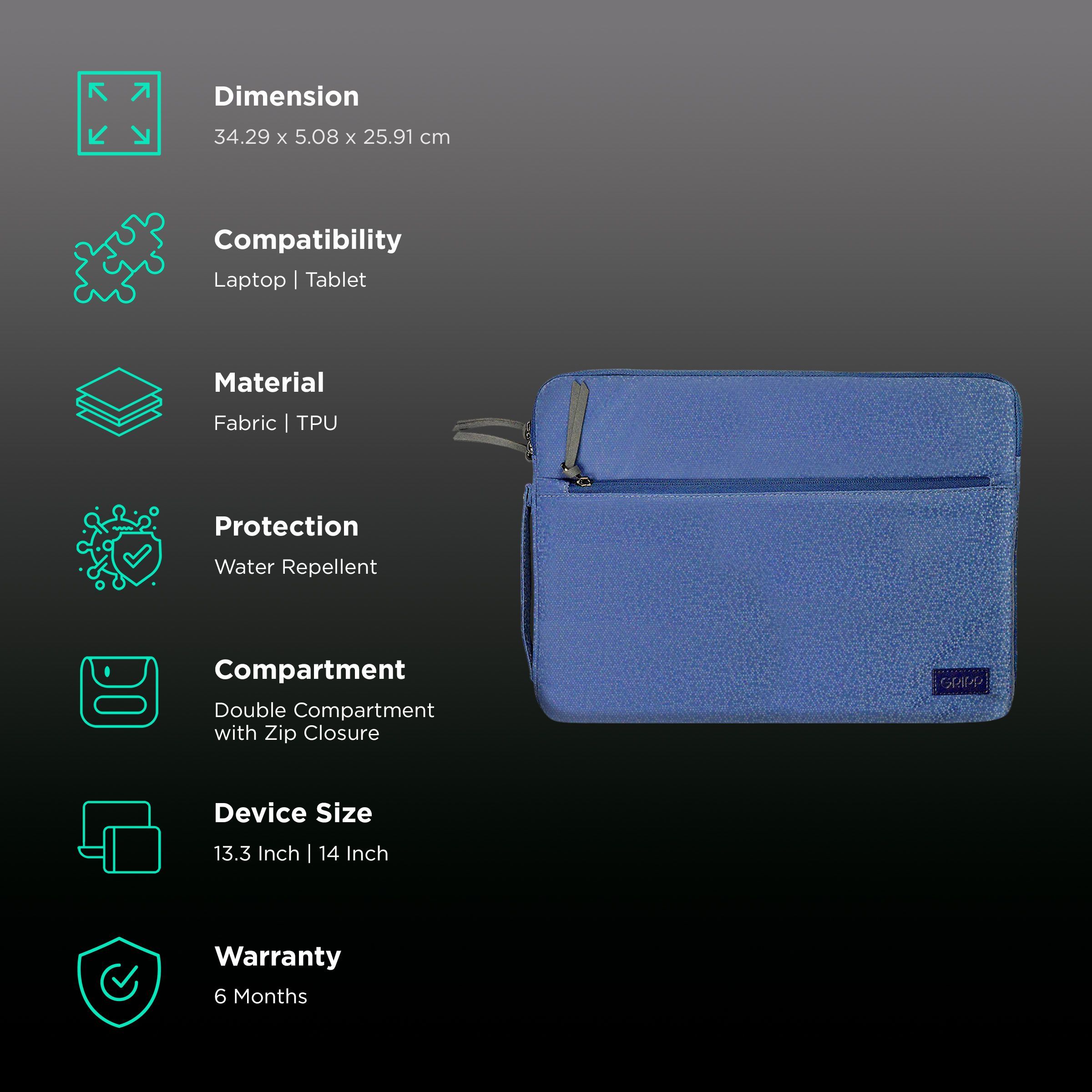 GRIPP Cello Slim Fabric, TPU Laptop Sleeve for 13.3 & 14 Inch Laptop (Water Repellent, Blue)_3