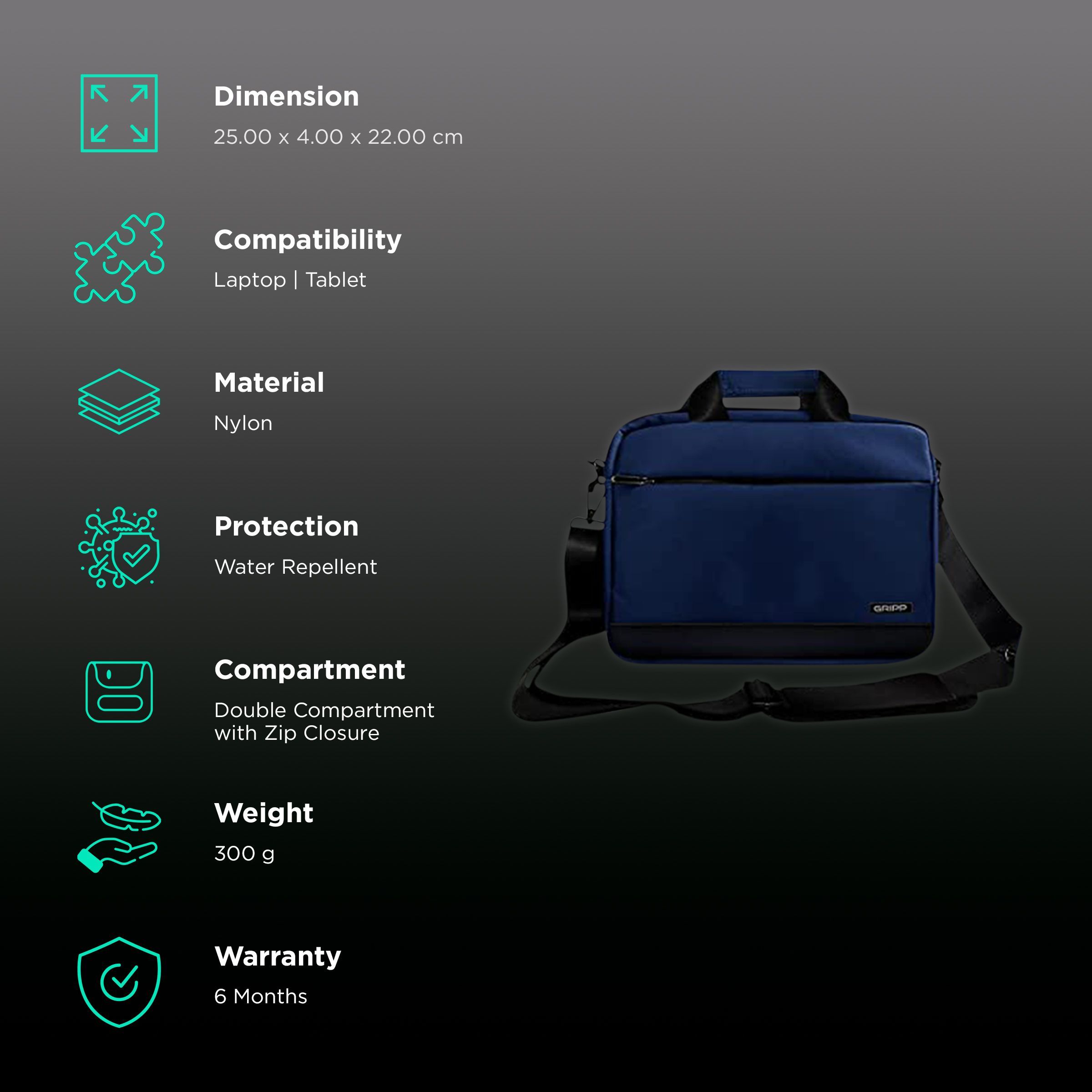 GRIPP Bolt Nylon Laptop Sling Bag for 13.3 & 14 Inch Laptop (Water Repellent, Cyan)_2