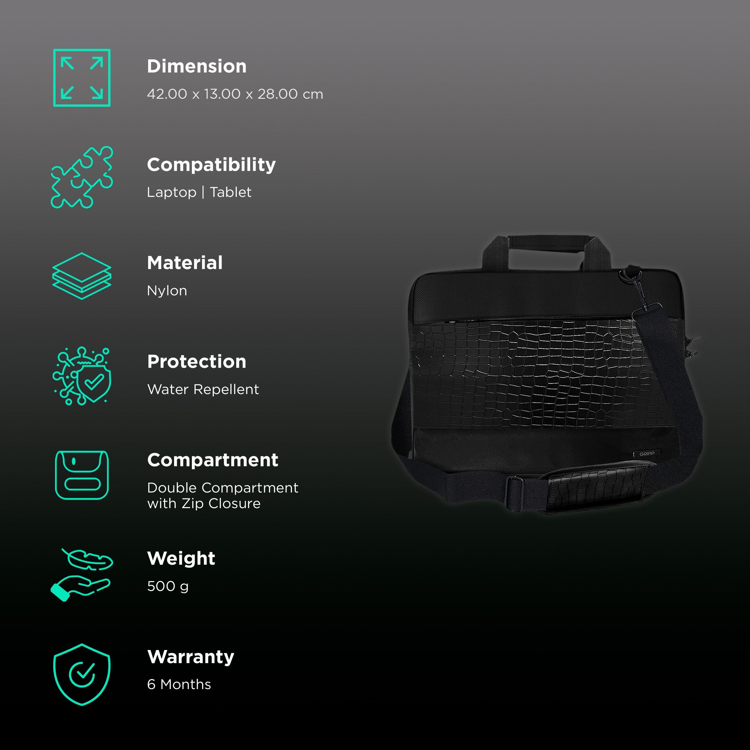 GRIPP Croc Compact Nylon Laptop Sling Bag for 13.3 & 14 Inch Laptop (Water Repellent, Black)_3