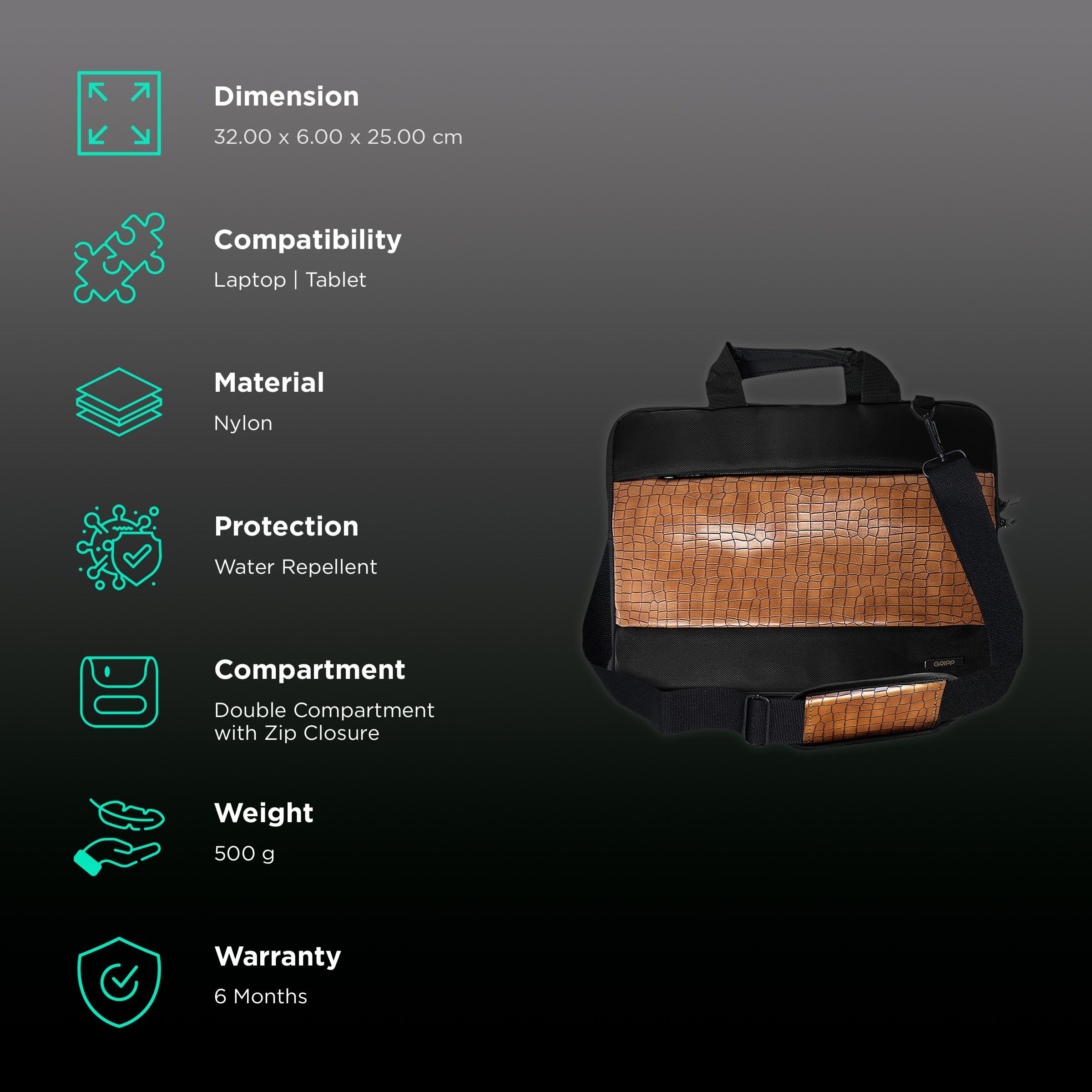 GRIPP Croc Compact Nylon Laptop Sling Bag for 13.3 & 14 Inch Laptop (Water Repellent, Camel) GRIPP Croc Compact Nylon Laptop Sling Bag for 13.3 & 14 Inch Laptop (Water Repellent, Camel)_3