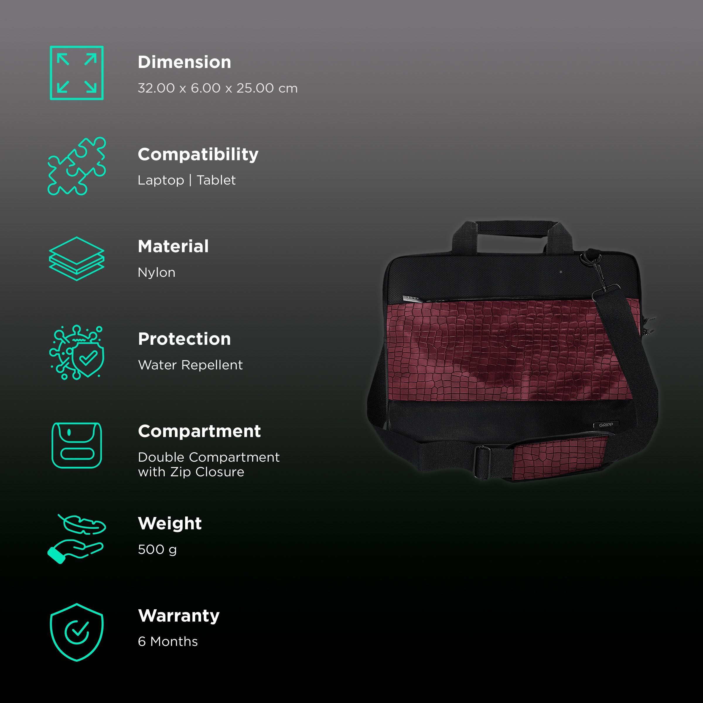 GRIPP Croc Compact Nylon Laptop Sling Bag for 13.3 & 14 Inch Laptop (Water Repellent, Burgundy)_3