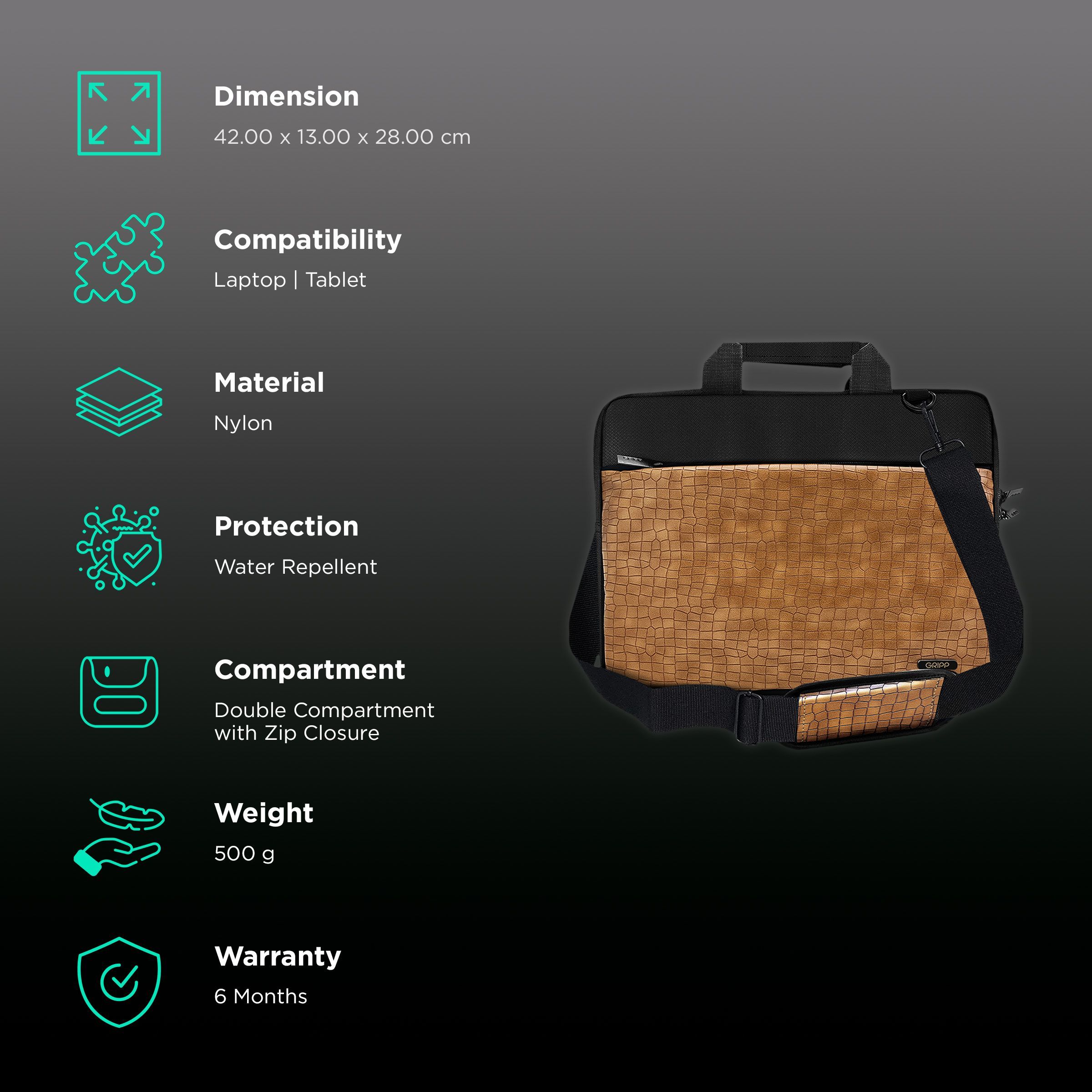 GRIPP Croc Compact Fleet Nylon Laptop Sling Bag for 13.3 & 14 Inch Laptop (Water Repellent, Camel)_3