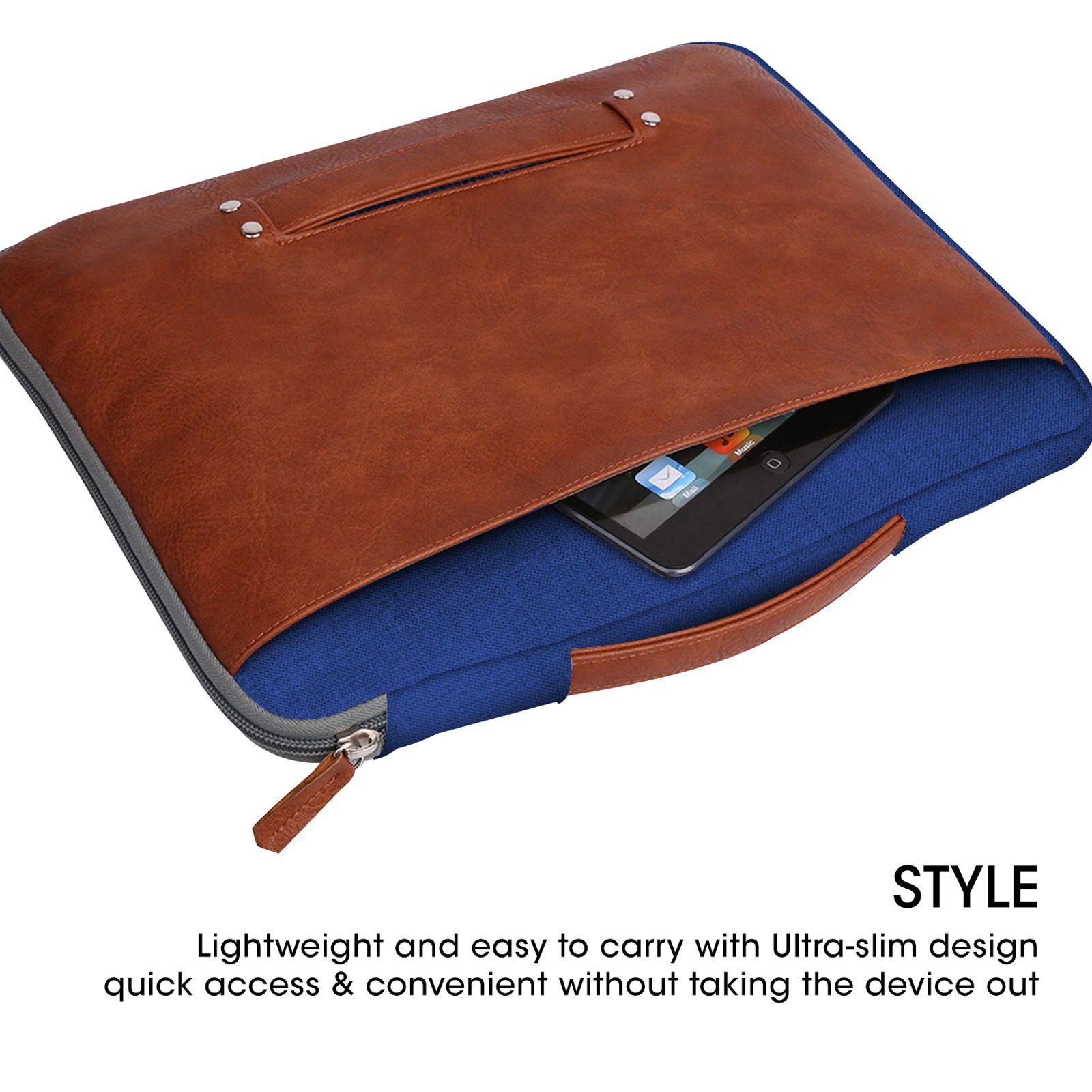GRIPP Grace Polyester, Polyurethane Leather Laptop Sleeve for 13 & 13.3 Inch Laptop (Water Resistant, Blue/Camel)_6