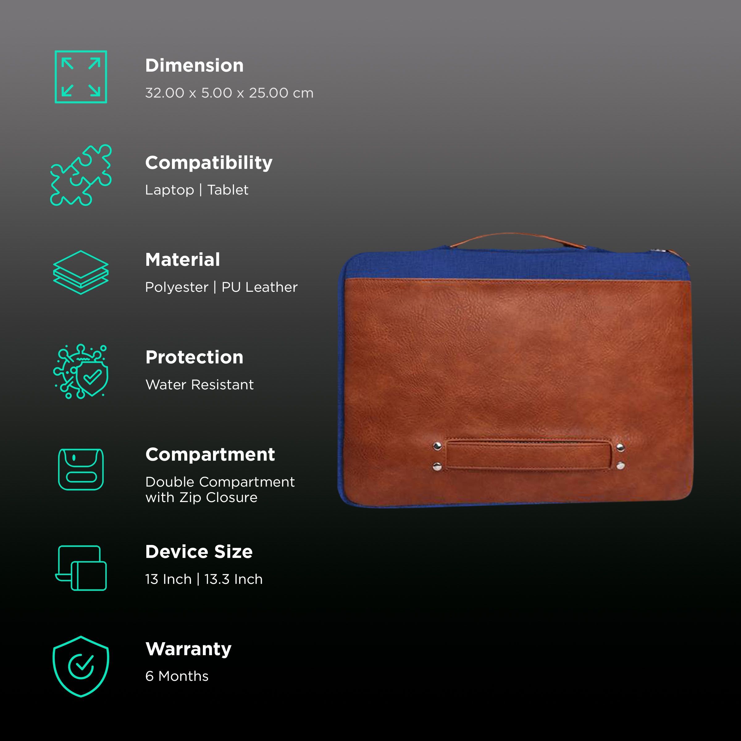 GRIPP Grace Polyester, Polyurethane Leather Laptop Sleeve for 13 & 13.3 Inch Laptop (Water Resistant, Blue/Camel)_2