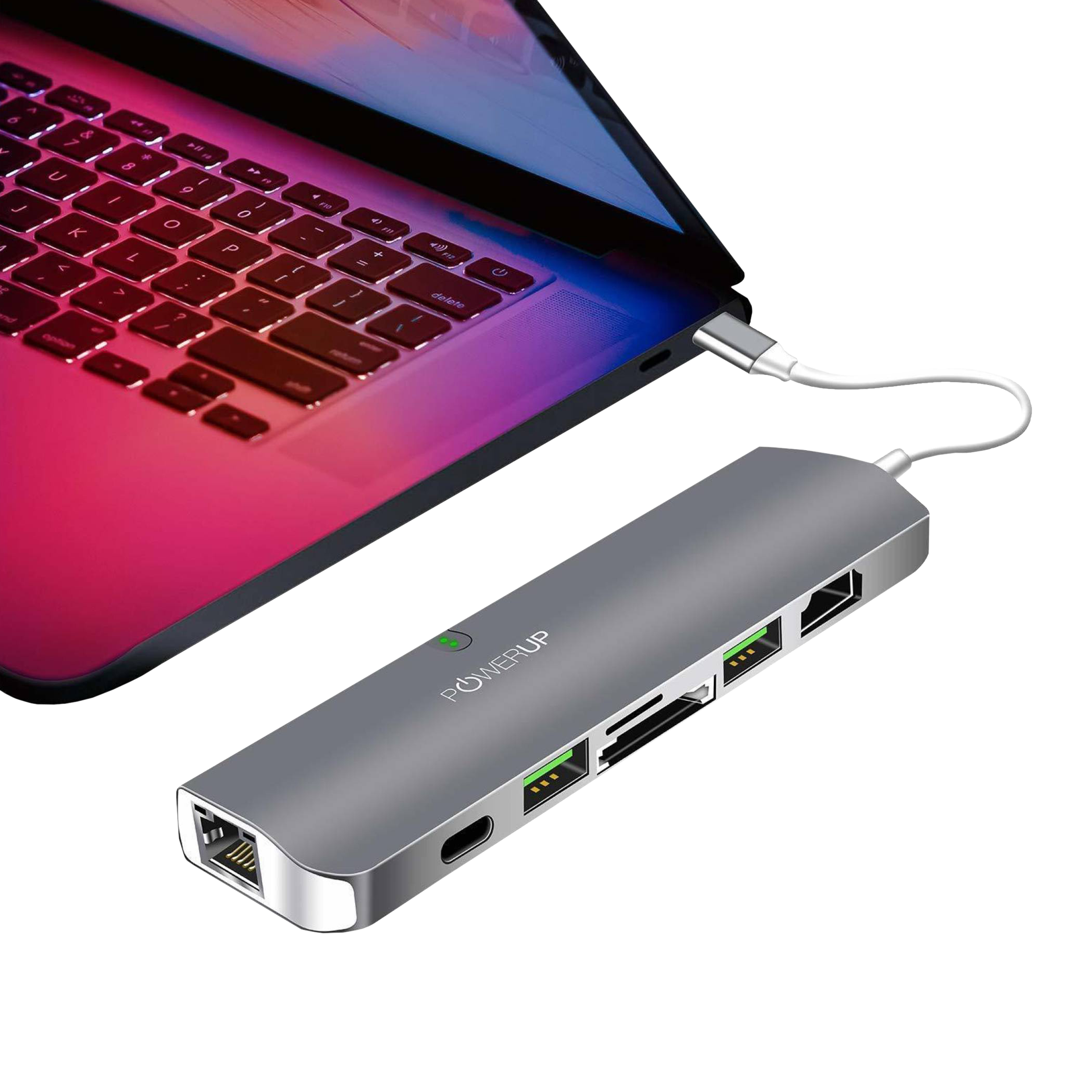 POWERUP 7-in-2 USB 3.0 Type C to USB Type C, USB 3.0 Type A, Thunderbolt 3, HDMI, SD Card Slot, TF Card Multi-Port Hub (Compact & Lightweight, Grey)_2