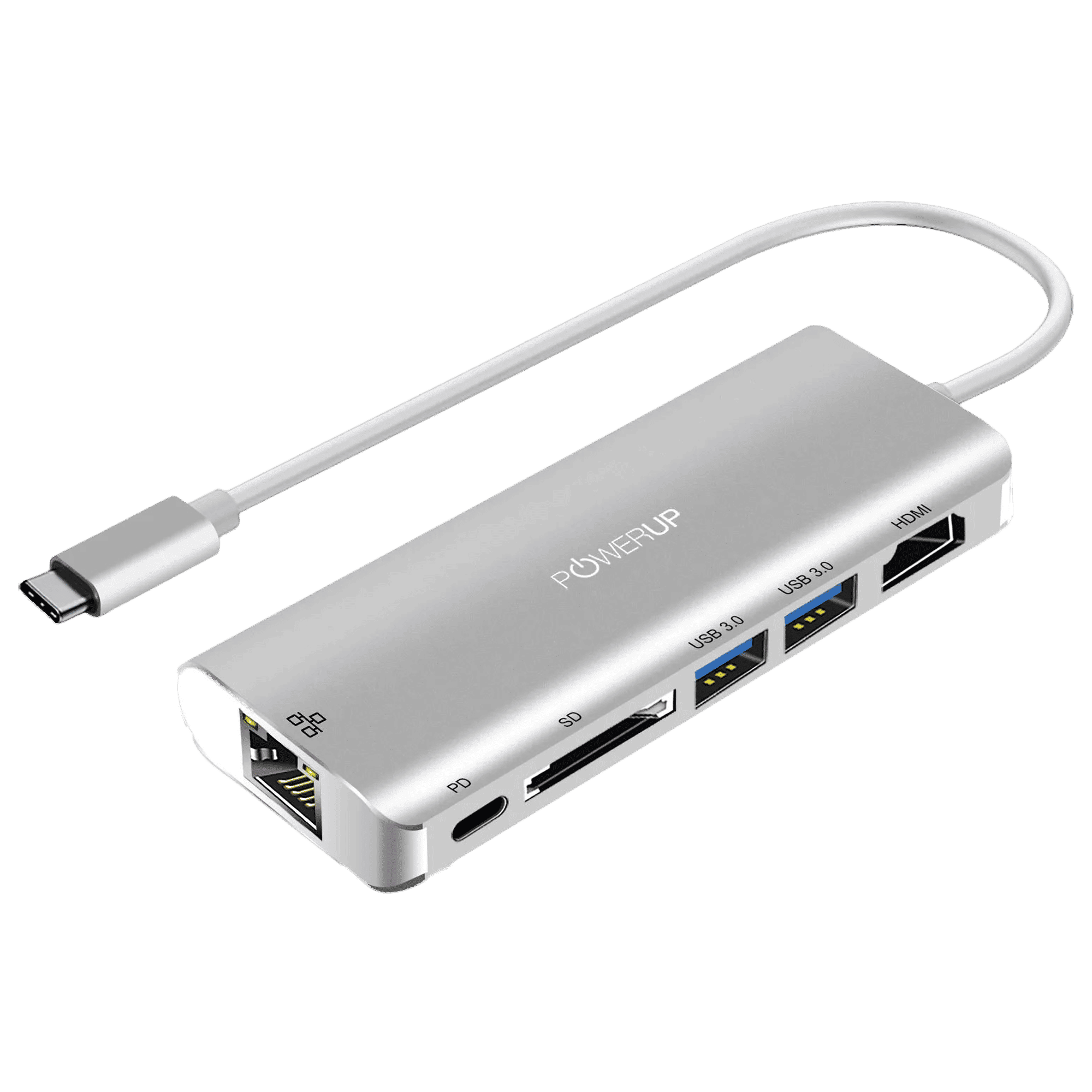 POWERUP Elite PLUS 6-in-1 USB 3.0 Type C to HDMI Type A, USB 3.0 Type A, SD Card Slot, USB 3.0 Type C, LAN Port Multi-Port Adapter (High-Speed Pass-Through Charging, Silver)_1