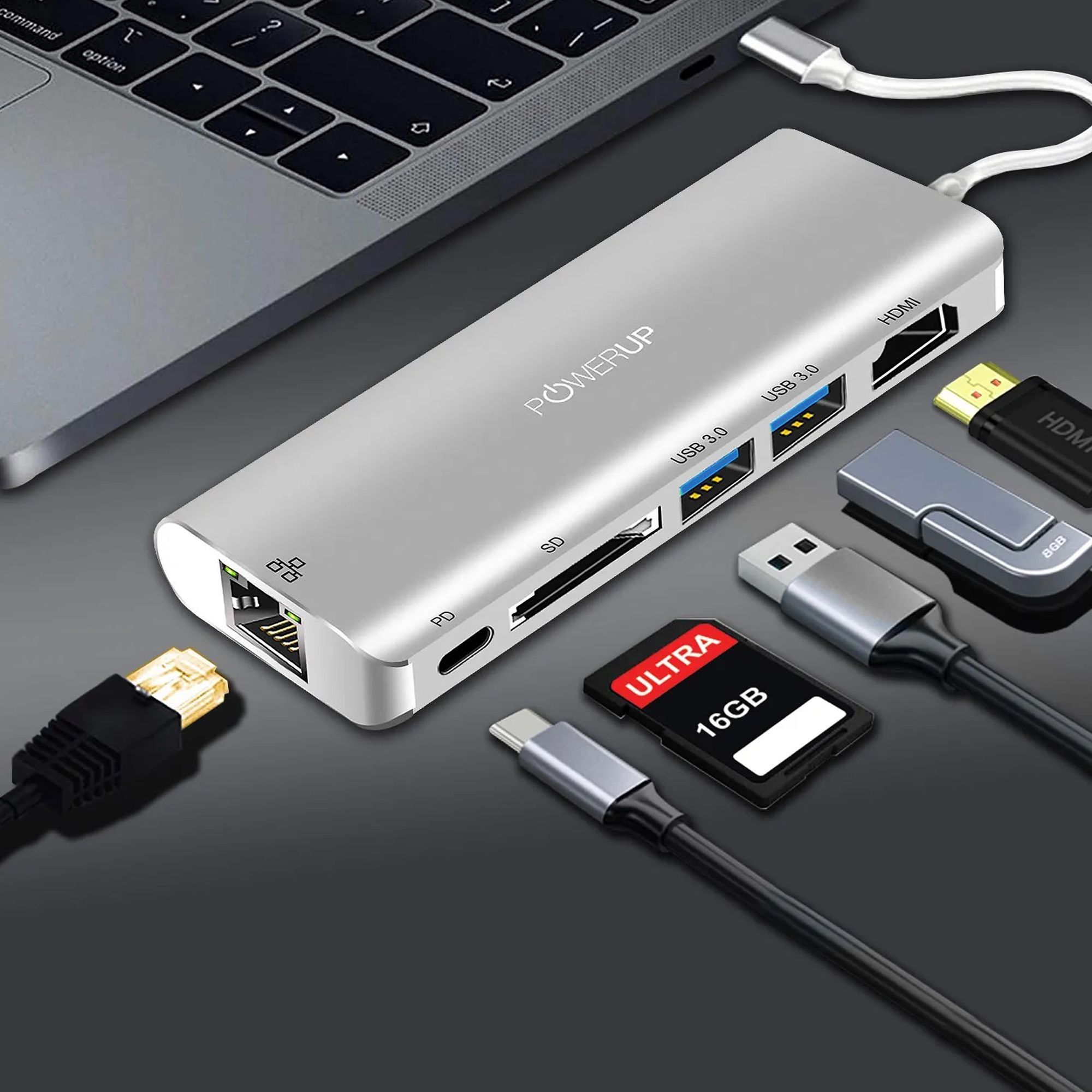 POWERUP Elite PLUS 6-in-1 USB 3.0 Type C to HDMI Type A, USB 3.0 Type A, SD Card Slot, USB 3.0 Type C, LAN Port Multi-Port Adapter (High-Speed Pass-Through Charging, Silver)_8