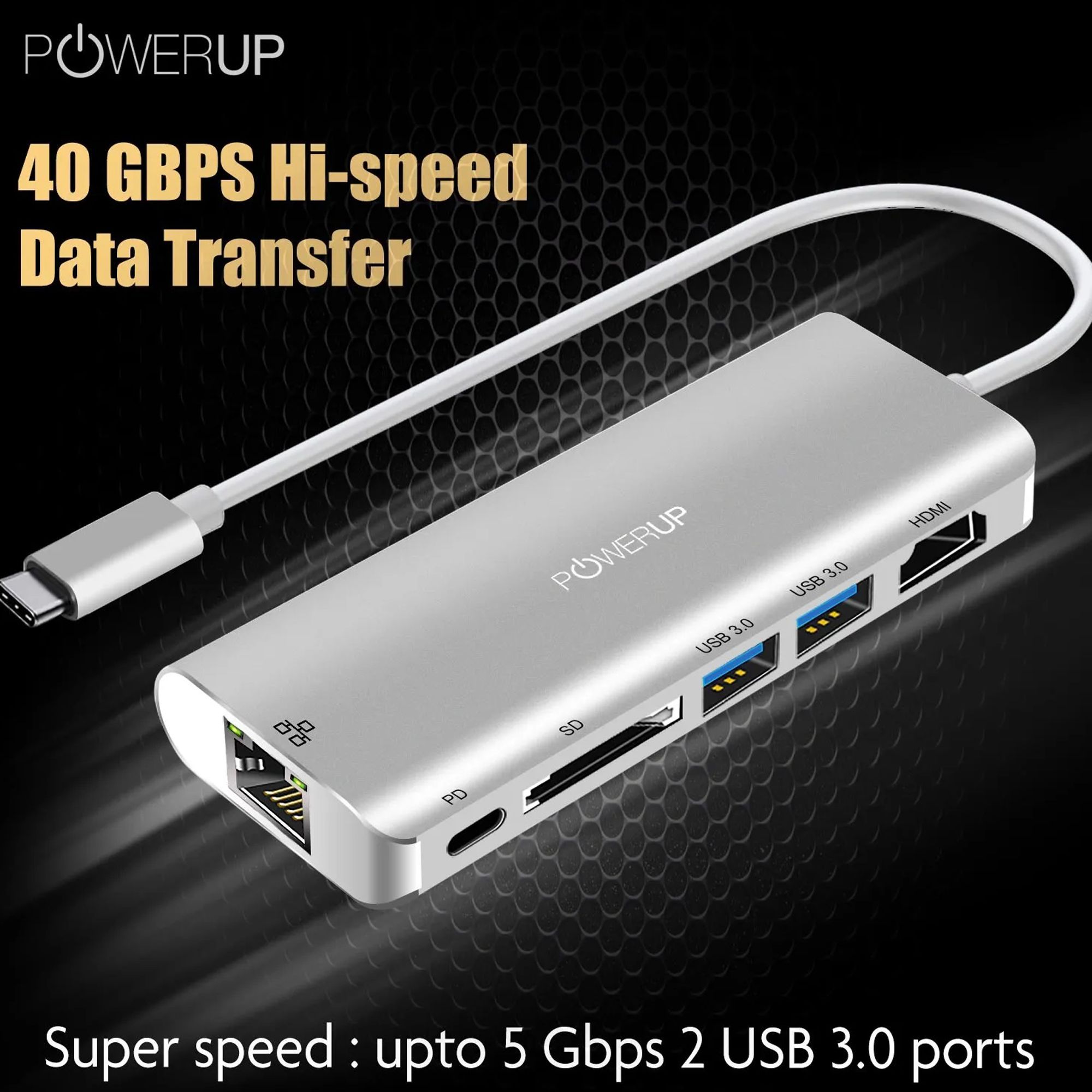 POWERUP Elite PLUS 6-in-1 USB 3.0 Type C to HDMI Type A, USB 3.0 Type A, SD Card Slot, USB 3.0 Type C, LAN Port Multi-Port Adapter (High-Speed Pass-Through Charging, Silver)_5