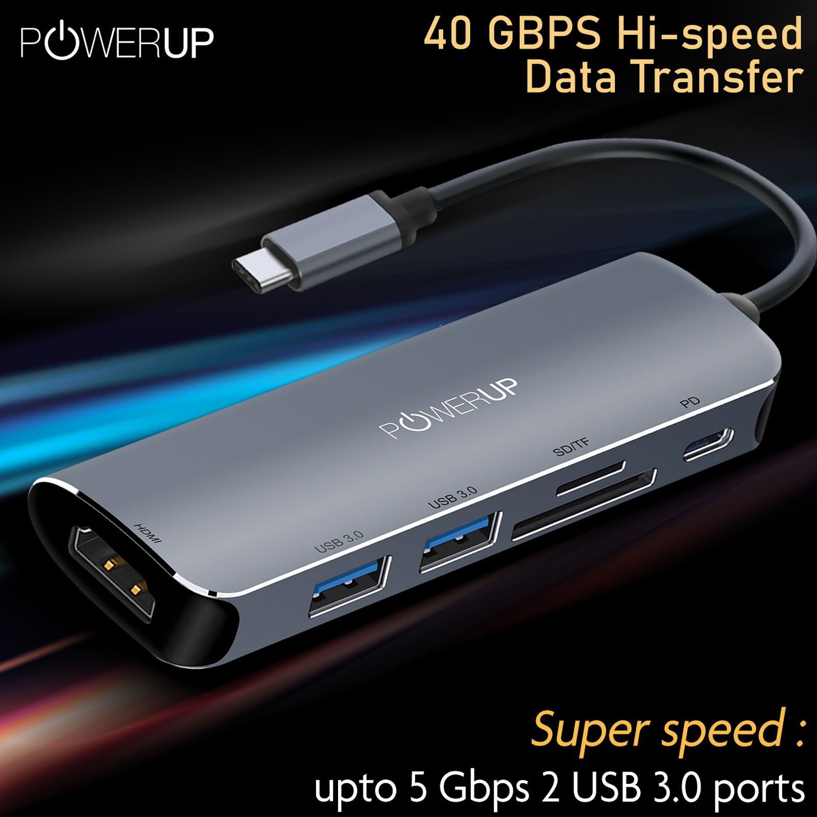 POWERUP Elite NEO 6-in-1 USB 3.0 Type C to USB 3.0 Type A, HDMI Type A, SD Card Slot, TF Card, USB 3.0 Type C Multi-Port Hub (40 Gbps Hi-Speed Data Transfer, Gun Metal)_4