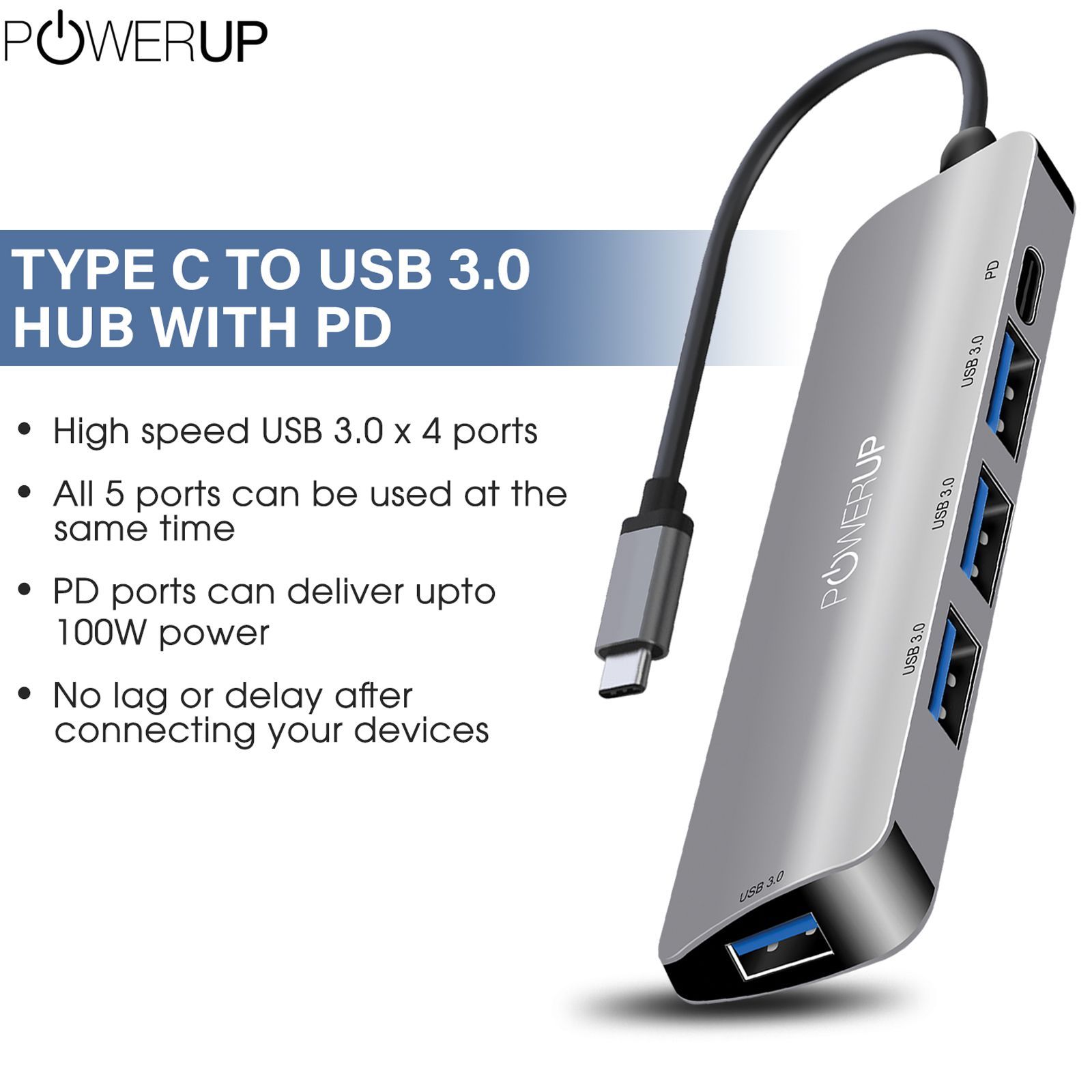 POWERUP Elite Micro 5-in-1 USB 3.0 Type C to USB 3.0 Type A, USB 3.0 Type C USB Hub (High-Speed Pass-Through Charging, Silver) POWERUP Elite Micro 5-in-1 USB 3.0 Type C to USB 3.0 Type A, USB 3.0 Type C USB Hub (High-Speed Pass-Through Charging, Silver)_4