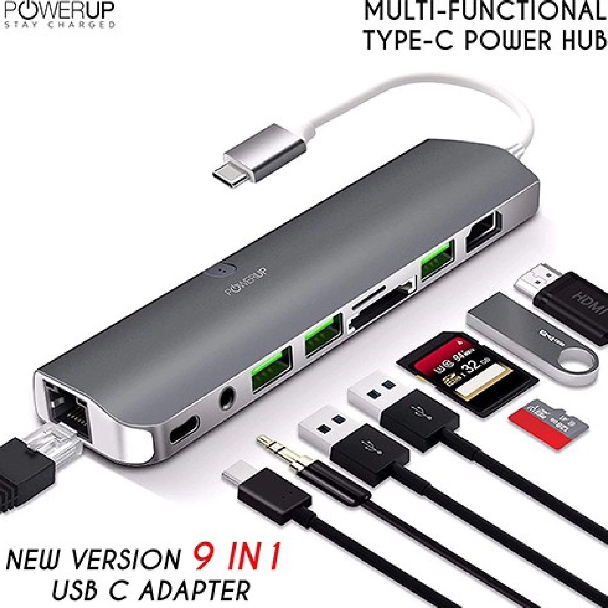 POWERUP 9-in-1 USB Type C to USB 2.0 Type A, USB Type C, 3.5mm Stereo, USB 3.0 Type A, SD Card Slot, TF Card, HDMI, LAN Port Multi-Port Adapter (Built-in Multi Protection, Space Grey)_9