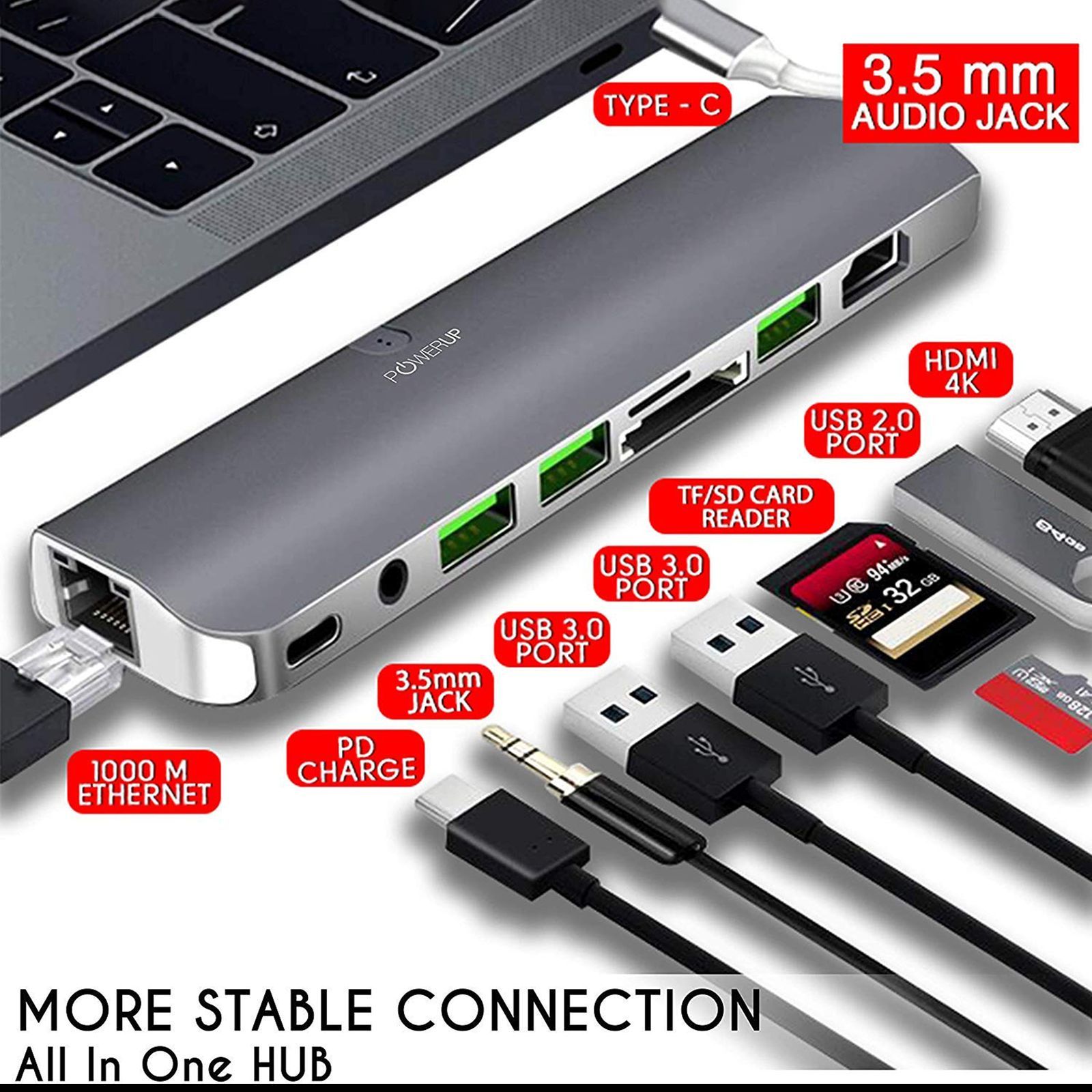 POWERUP 9-in-1 USB Type C to USB 2.0 Type A, USB Type C, 3.5mm Stereo, USB 3.0 Type A, SD Card Slot, TF Card, HDMI, LAN Port Multi-Port Adapter (Built-in Multi Protection, Space Grey)_2
