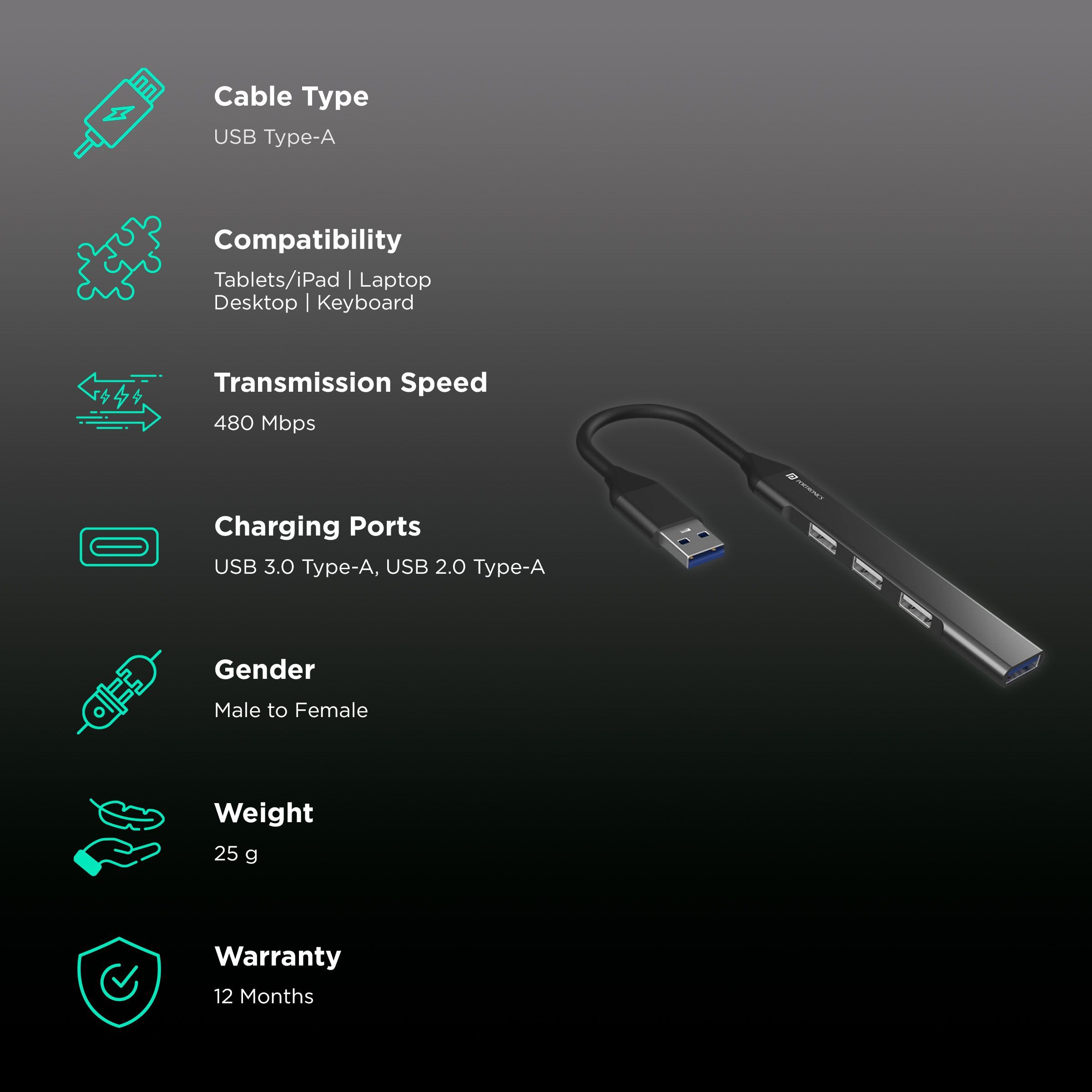PORTRONICS Mport 31 4-in-1 USB Type A to USB 3.0 Type A, USB 2.0 Type A USB Hub (Up to 5 Gbps Data Transfer, Grey) PORTRONICS Mport 31 4-in-1 USB Type A to USB 3.0 Type A, USB 2.0 Type A USB Hub (Up to 5 Gbps Data Transfer, Grey)_2