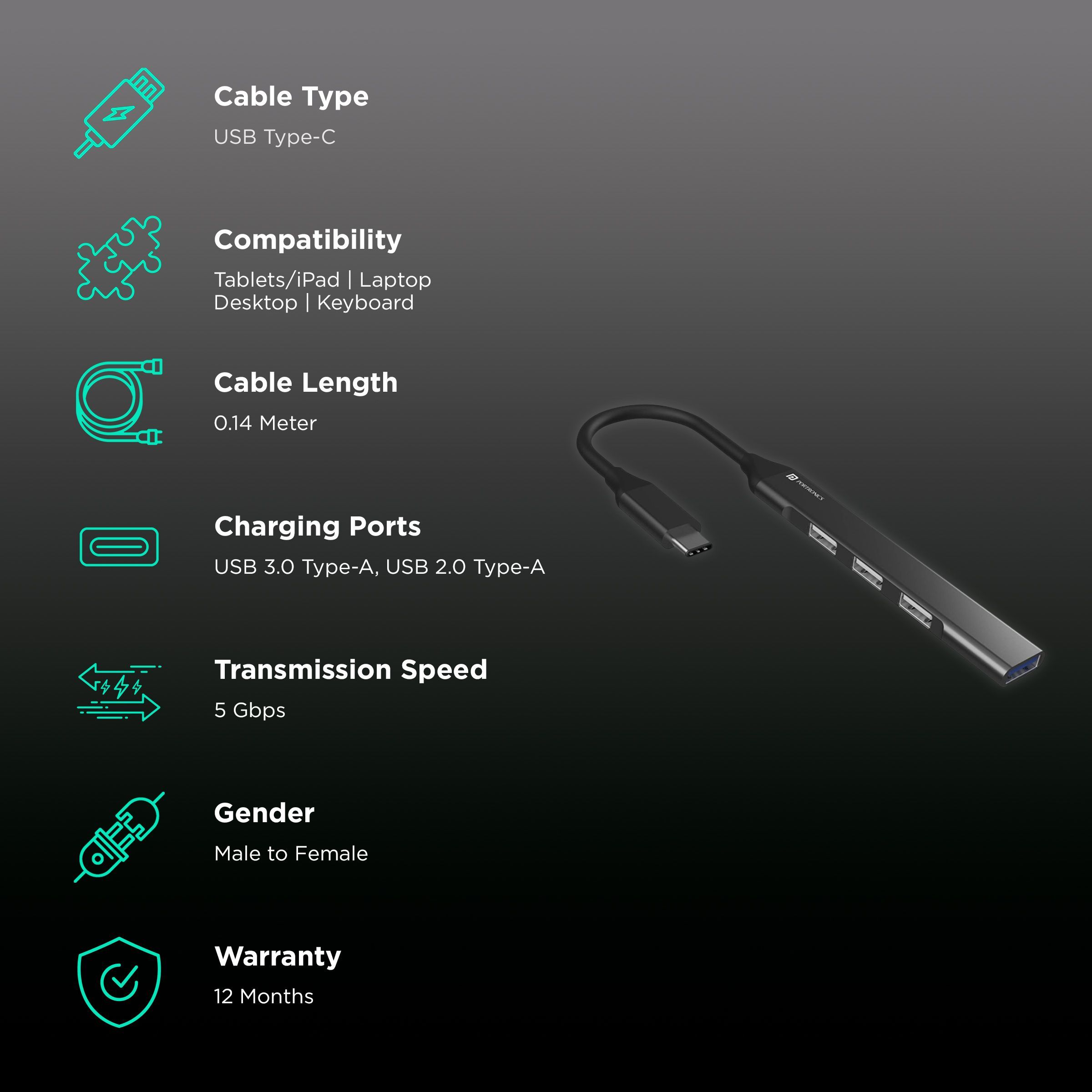 PORTRONICS Mport 31C 4-in-1 USB Type C to USB 3.0 Type A, USB 2.0 Type A USB Hub (Up to 5 Gbps Data Transfer, Grey)_2